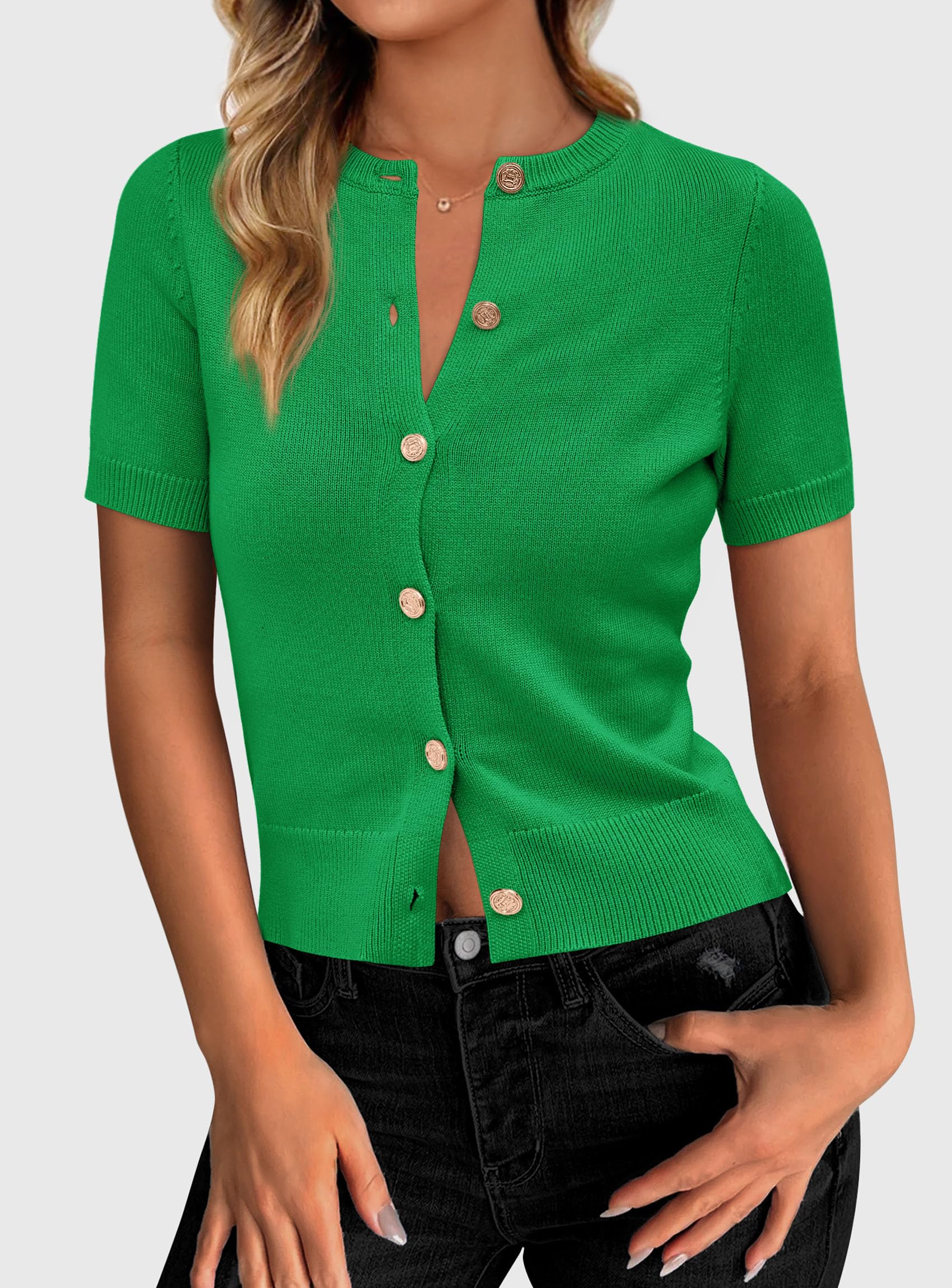 Womens Summer Cardigan Short Sleeve Sweater,Green,S