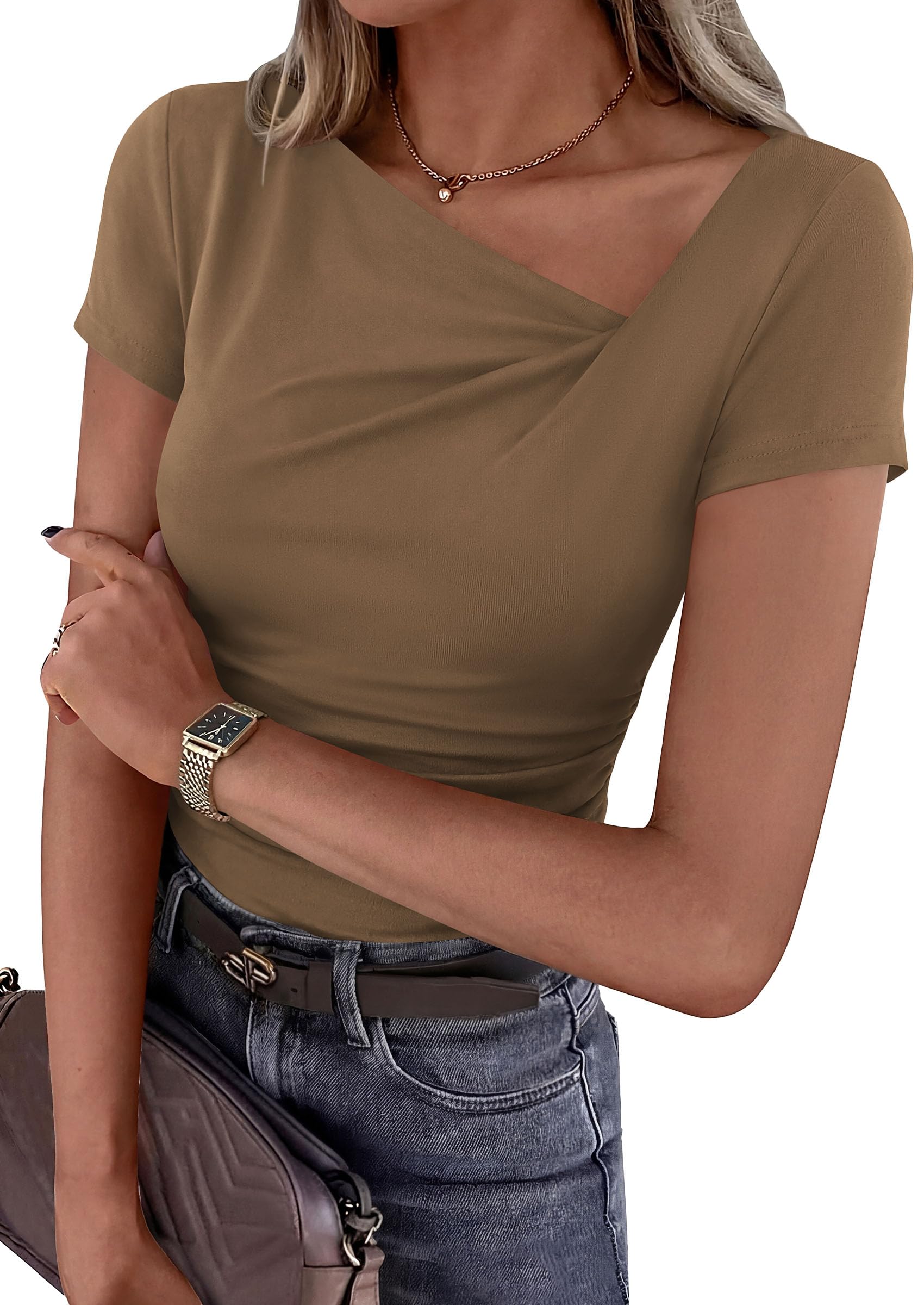 Women's Summer Trendy Asymmetrical Y2K Tops (Dark Khaki,S)