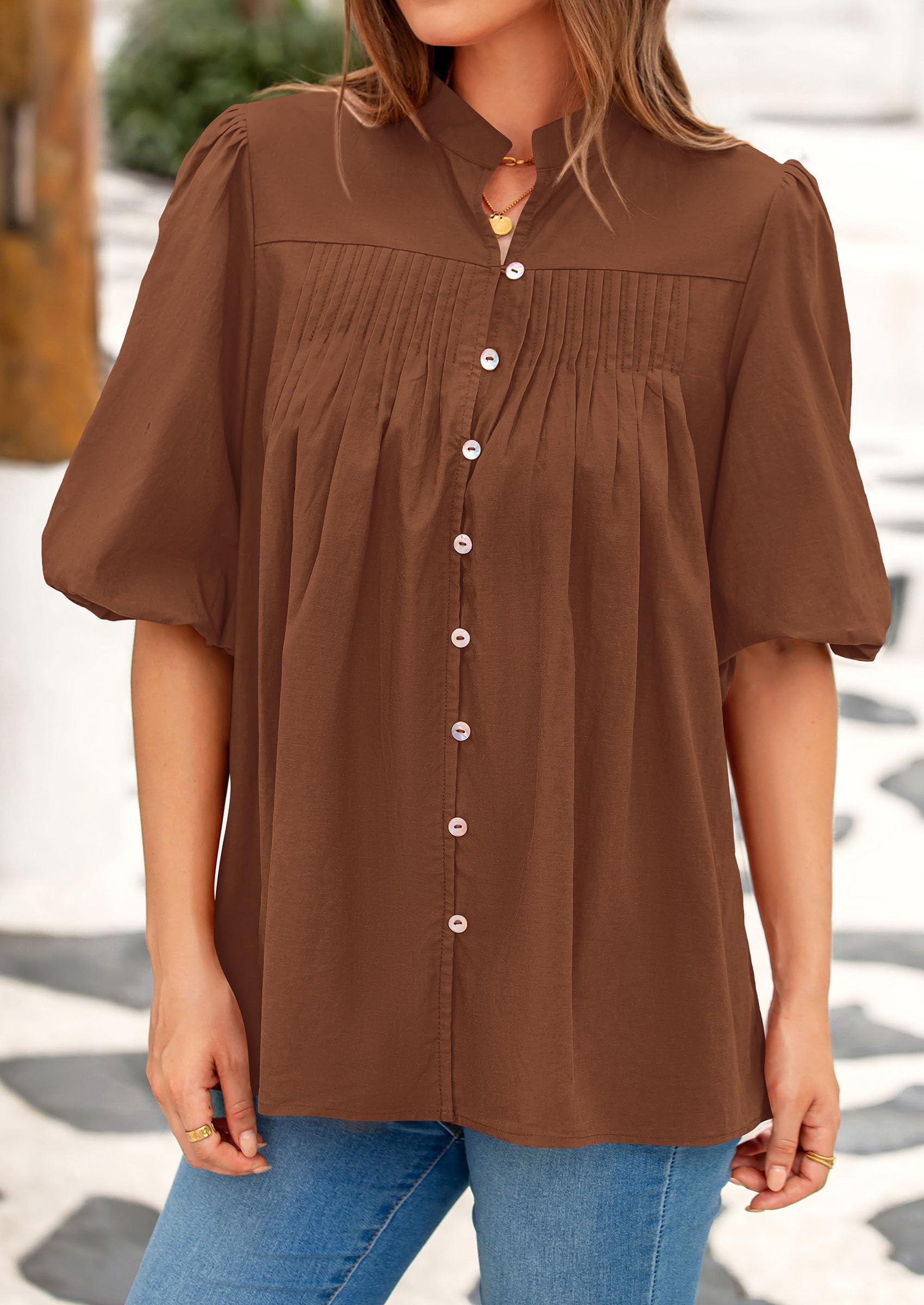 Short Sleeve Henley Shirts for Women,Brown,S