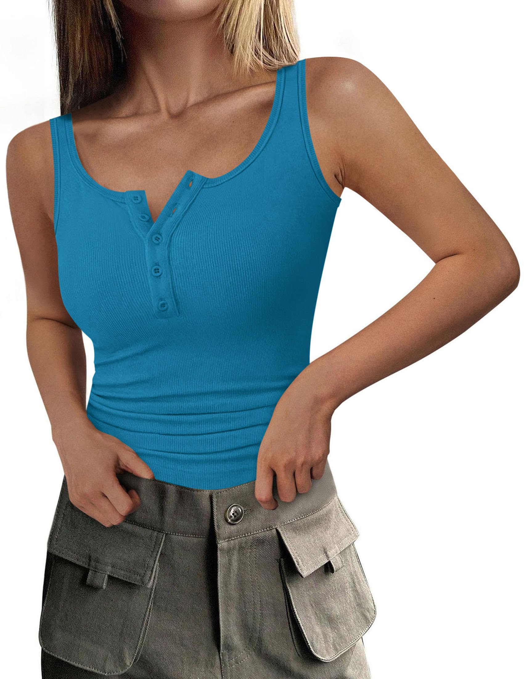 Womens Button Up Sleeveless Henley Tank Tops,Lake Blue,S