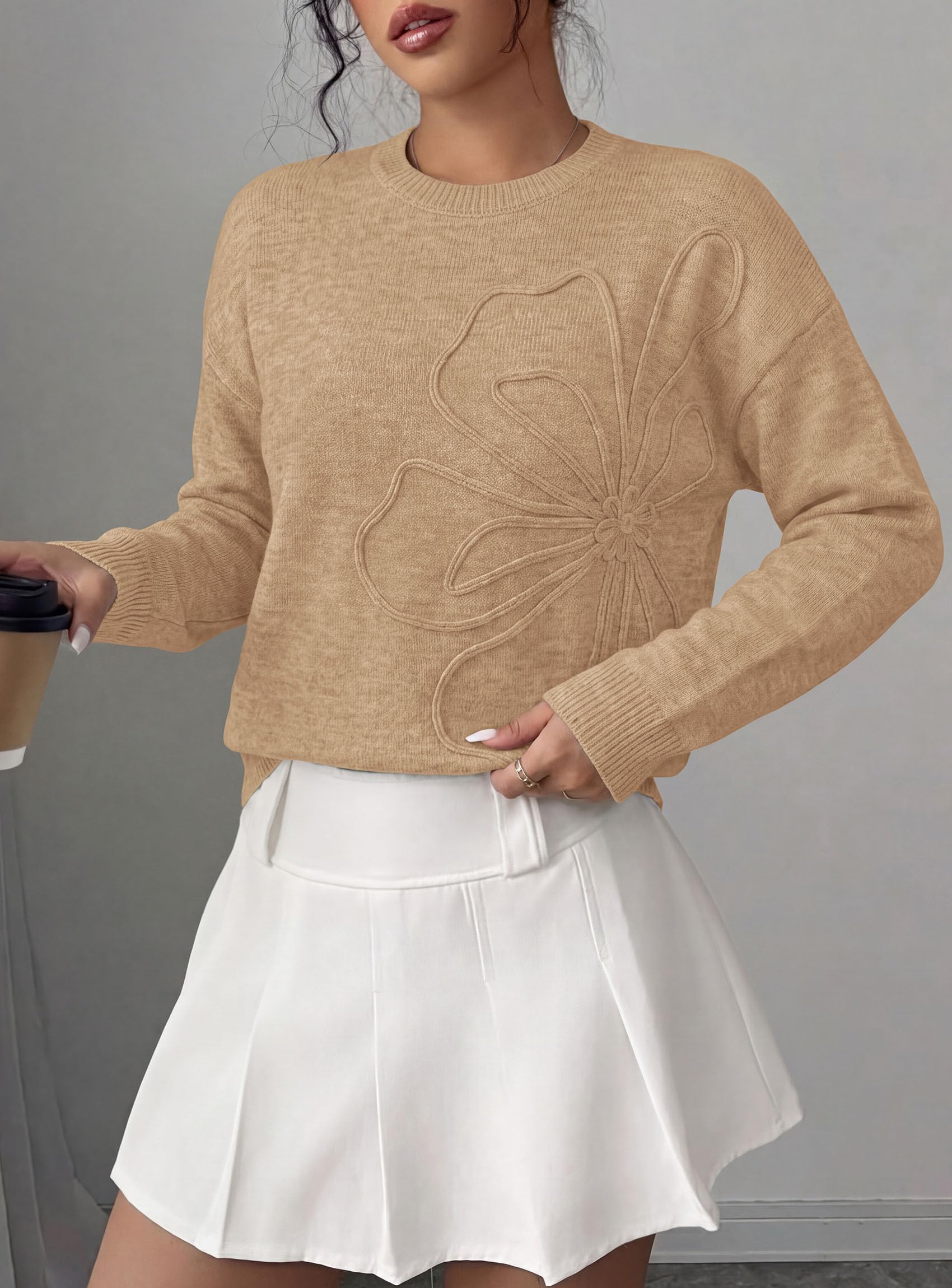 Sweaters for Women Fall Fashion Embroidered Floral Knit Tops