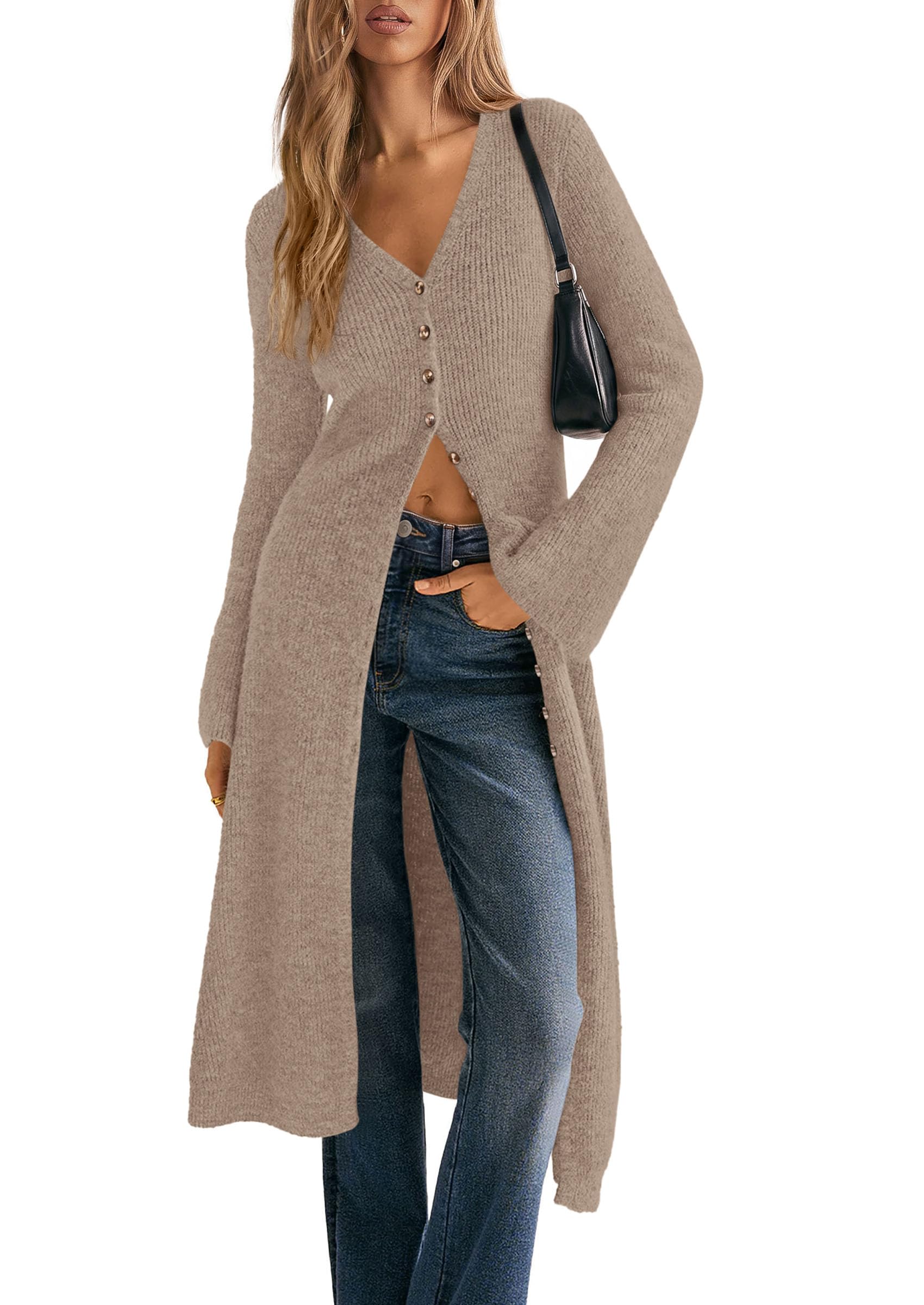 Women Long Cardigan Bell Sleeve Sweater Dress (Khaki,M)
