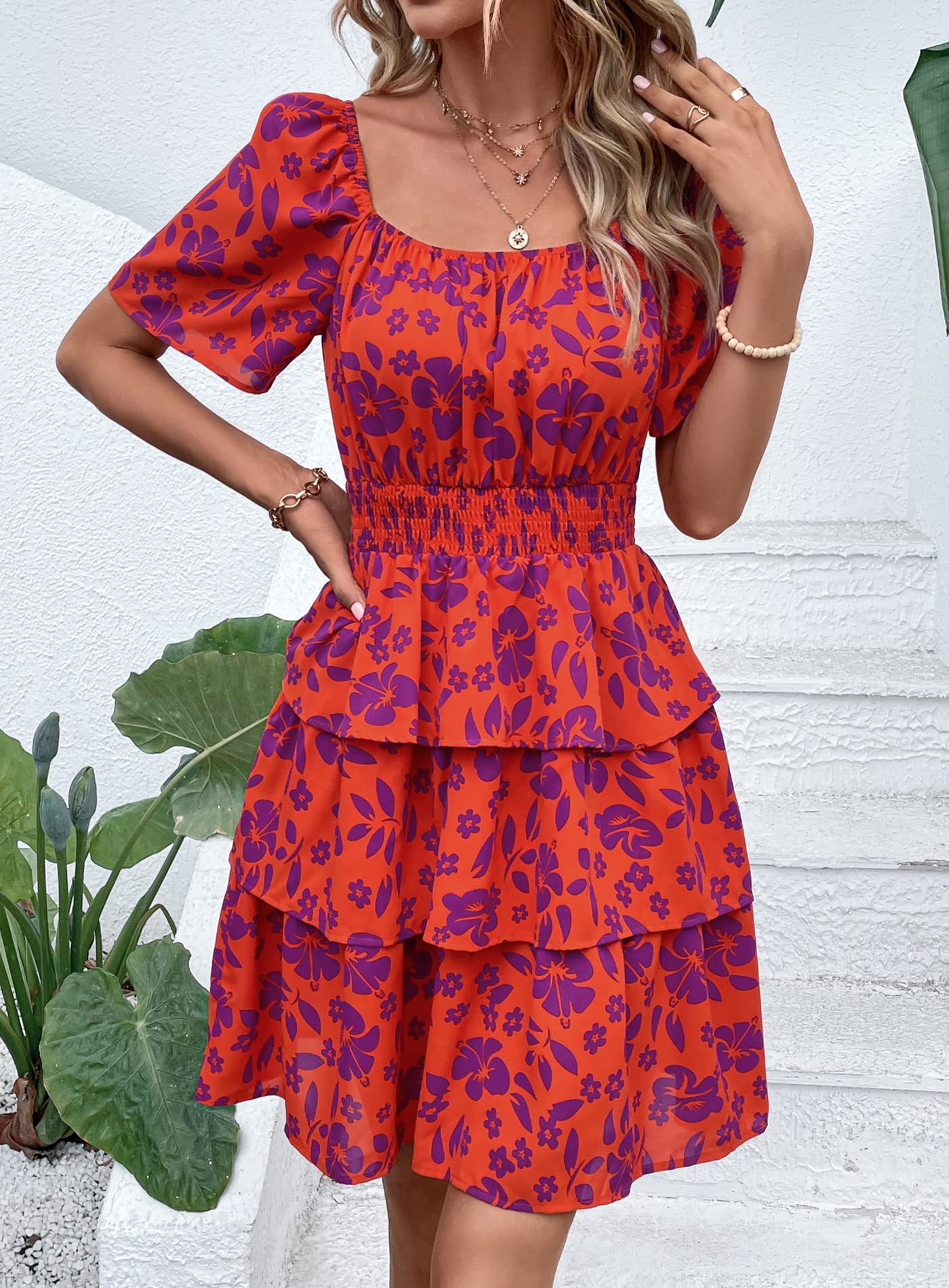Women's 2025 Floral Summer Short Dress Square Neck Short Sleeve Tiered Ruffle Boho Swing Dresses (Orange Purple Floral,Small)