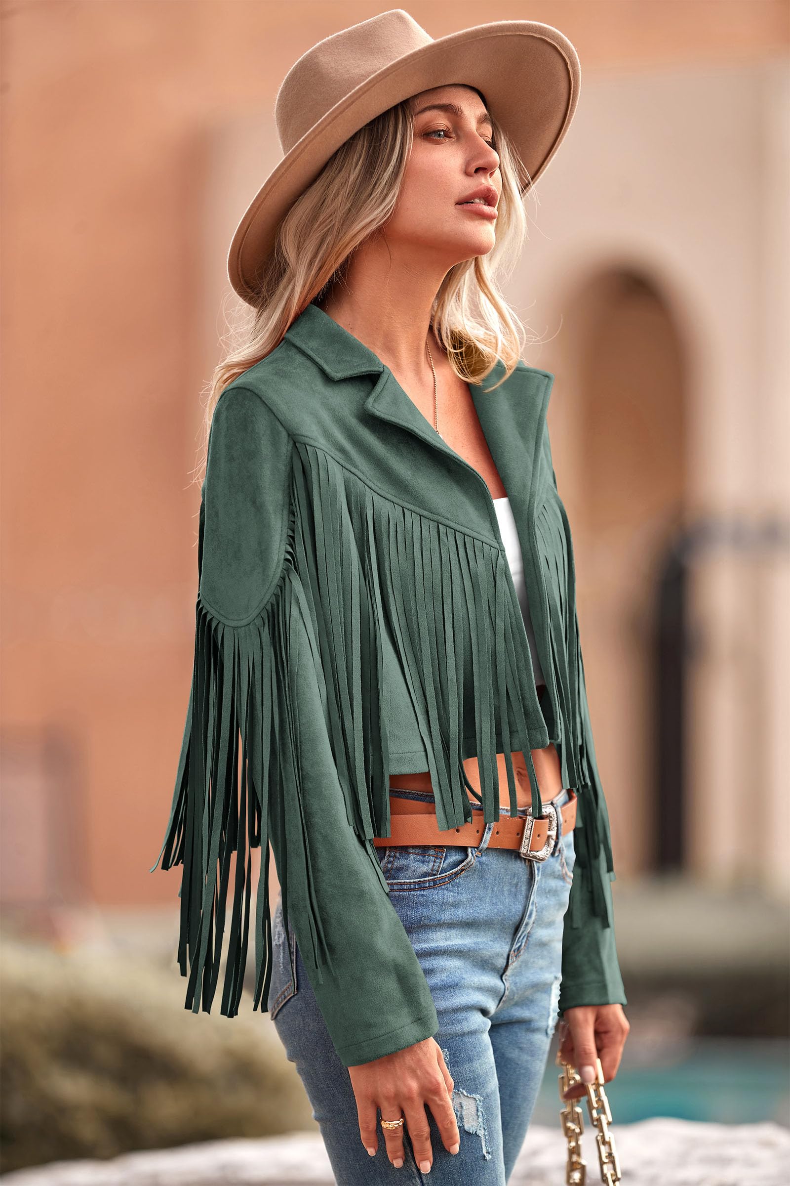 Women's Fringe Faux Suede Leather Jackets,Green,S