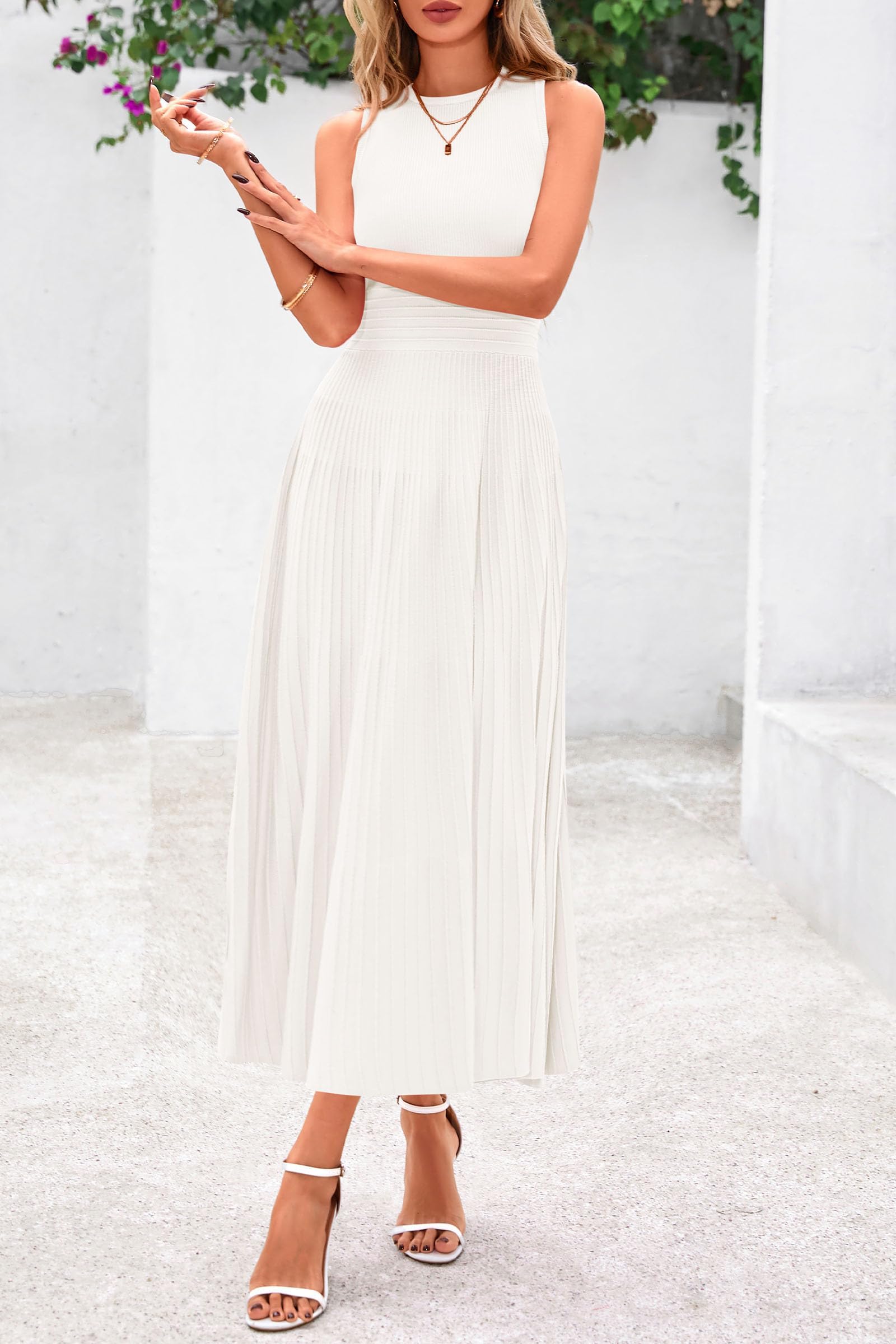 Women's Summer Pleated Midi Work Dress,White,S