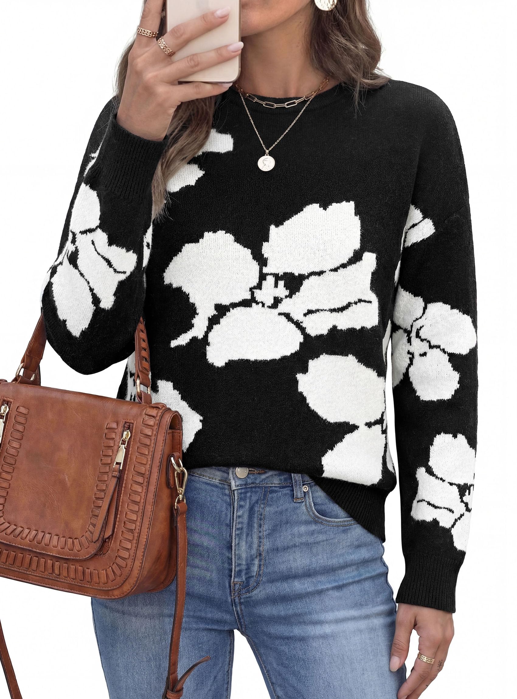 Womens Floral Sweater Crewneck Printed Pullover Tops Black