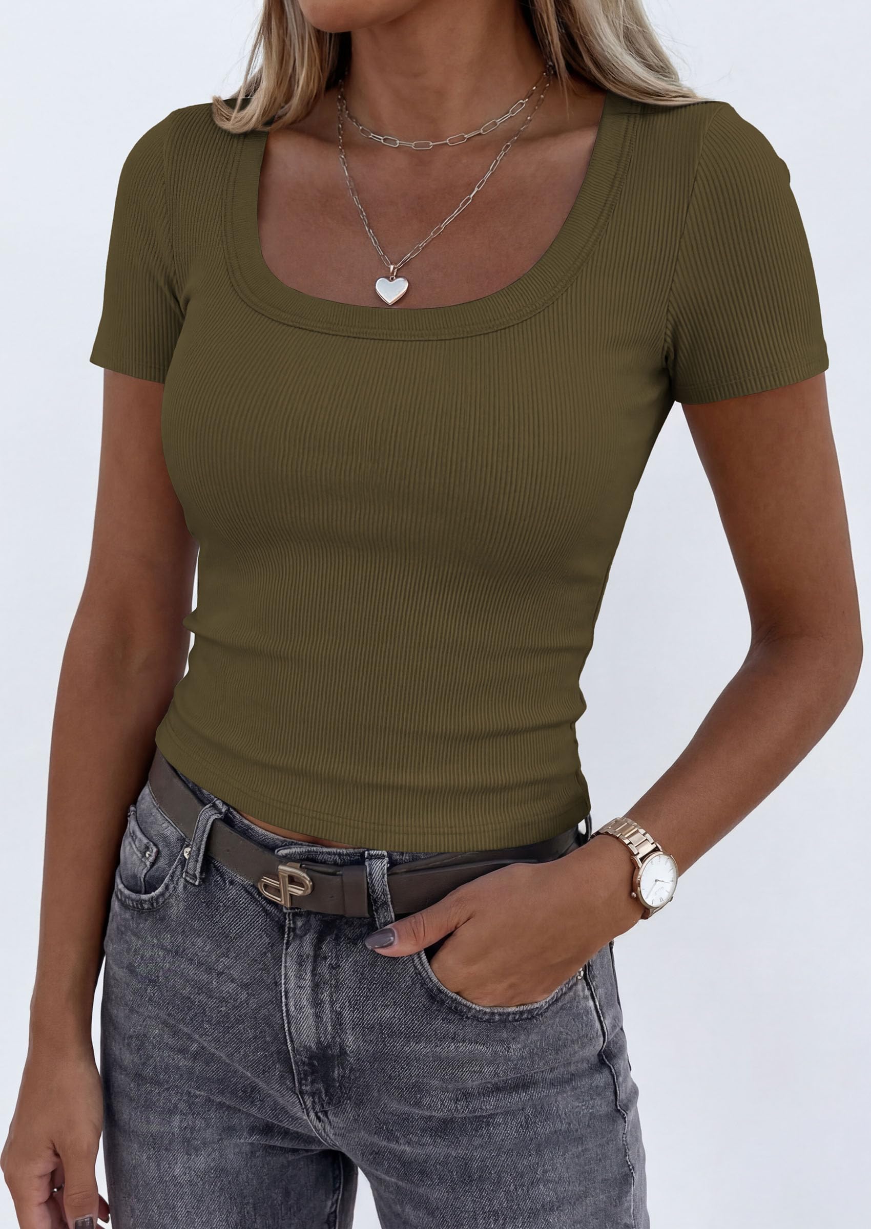 Womens Summer Short Sleeve Scoop Neck Tops,Army Green,S