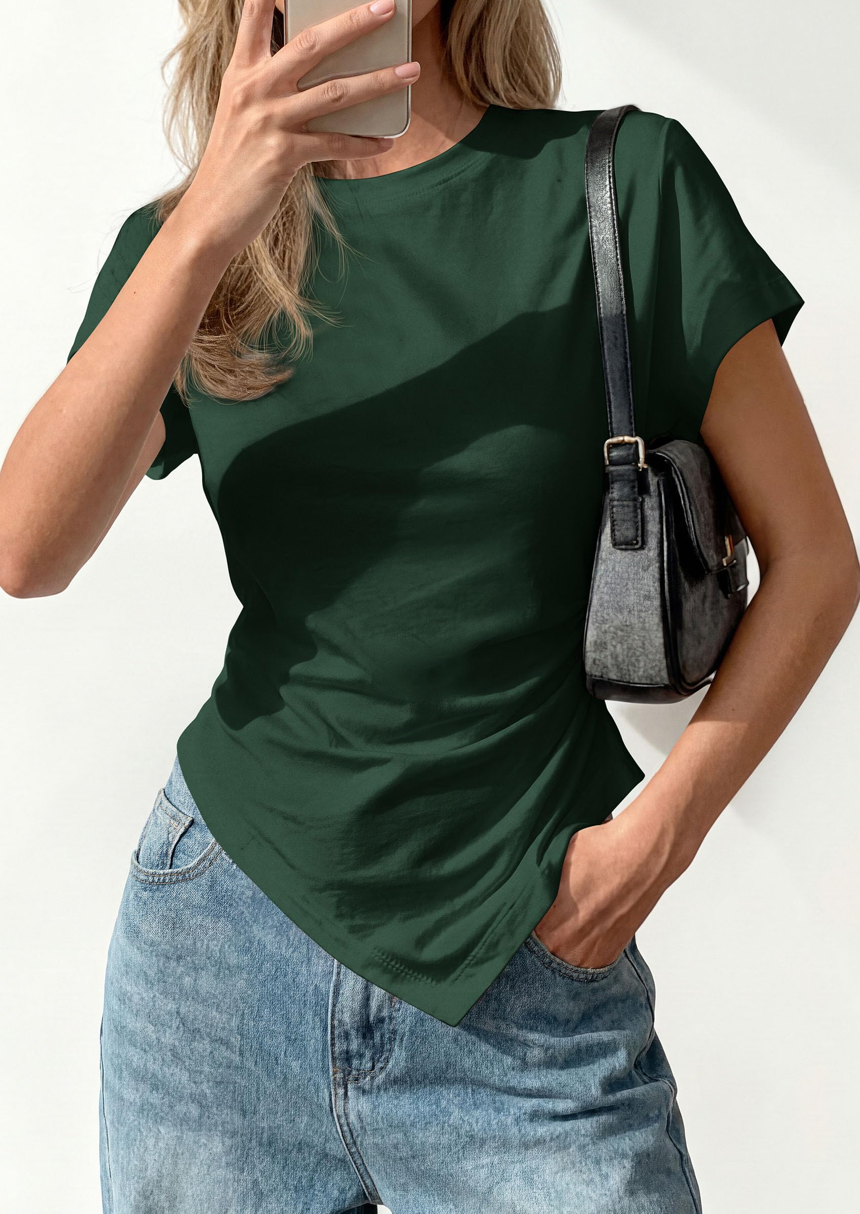 Womens Asymmetrical Summer Short Sleeve Tops,Dark Green,XS