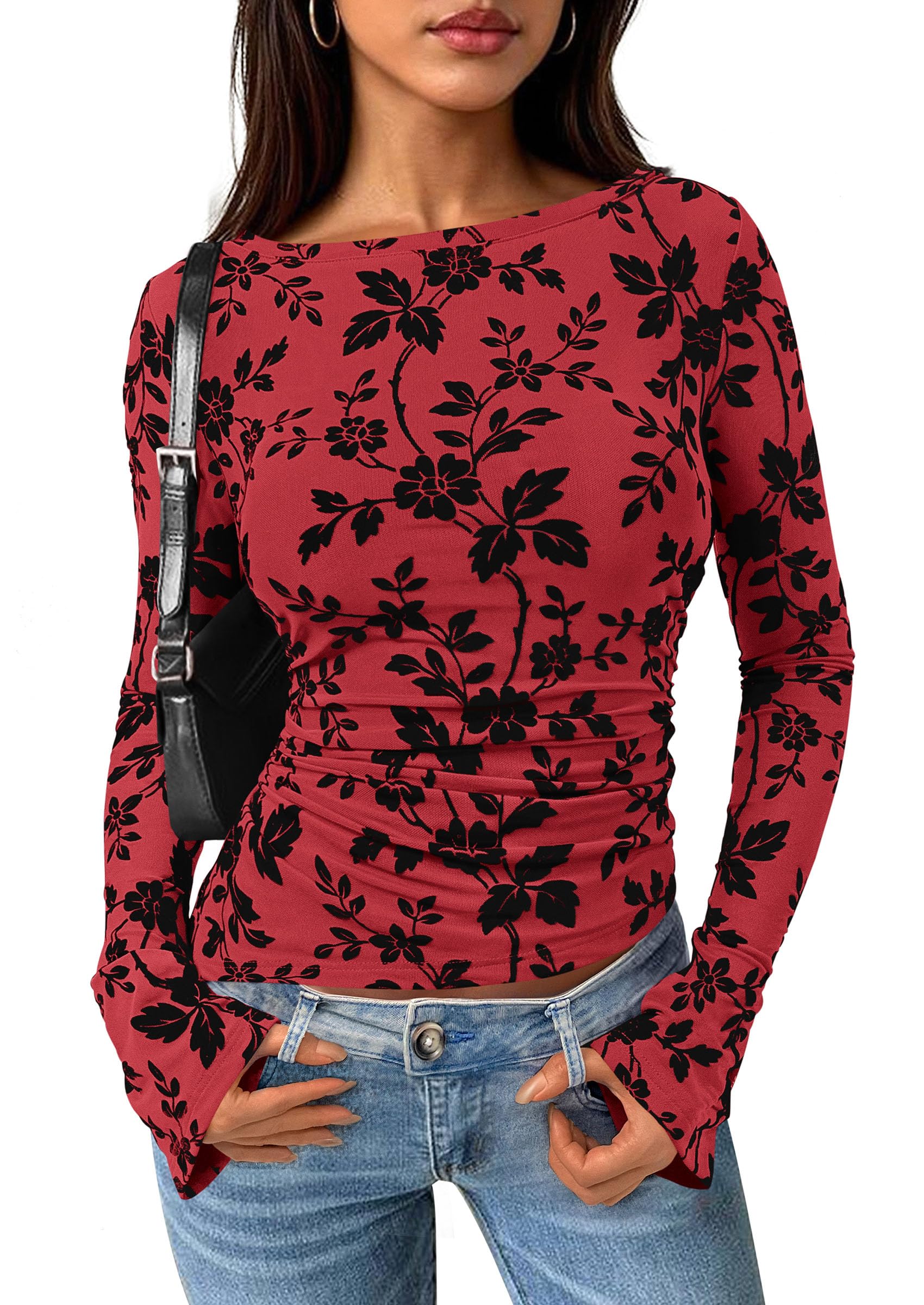 Women's Long Bell Sleeve Y2K Tops Boho Floral Mesh Blouses Red