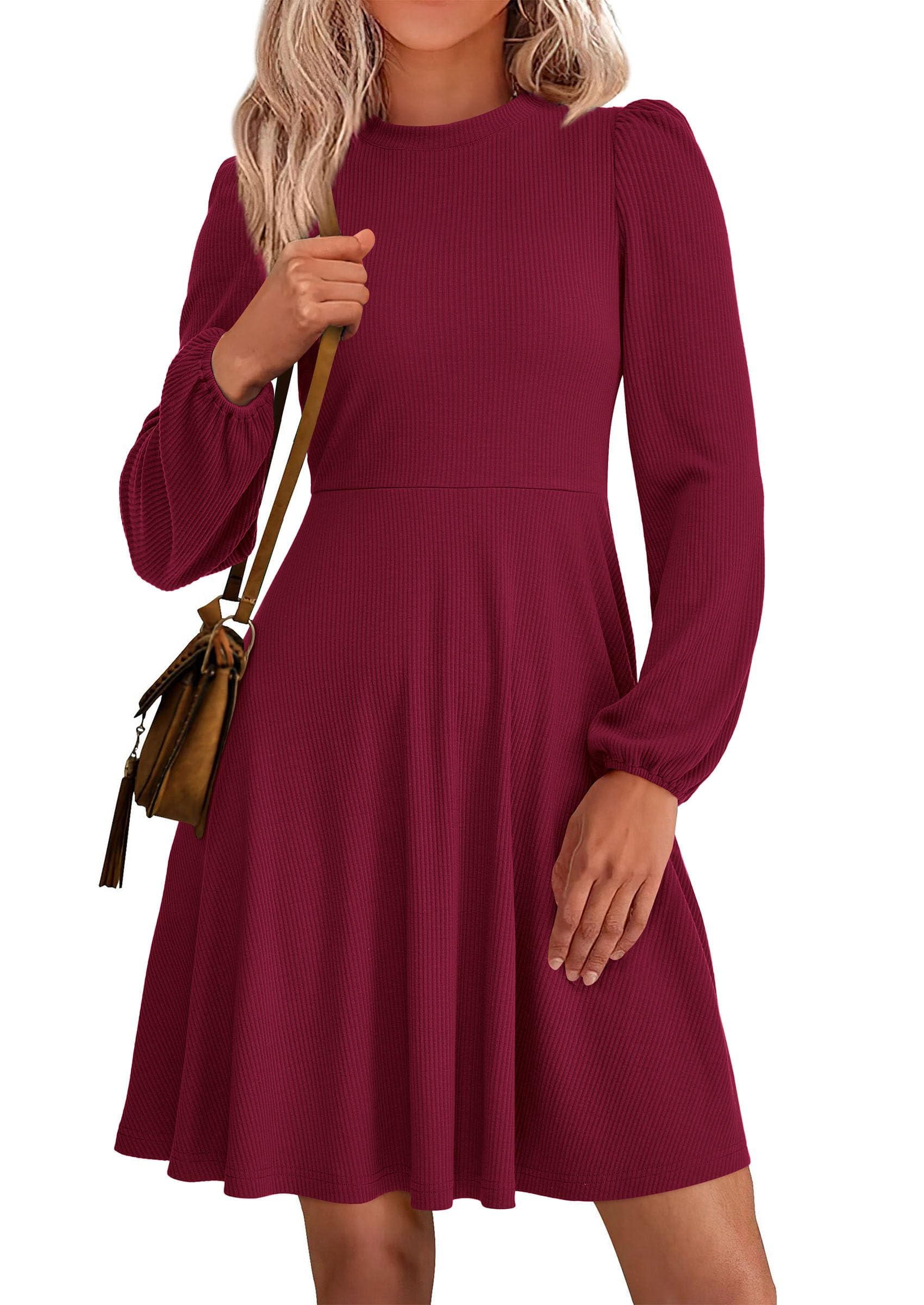 Womens A Line Long Sleeve Mini Dress,Wine Red,S