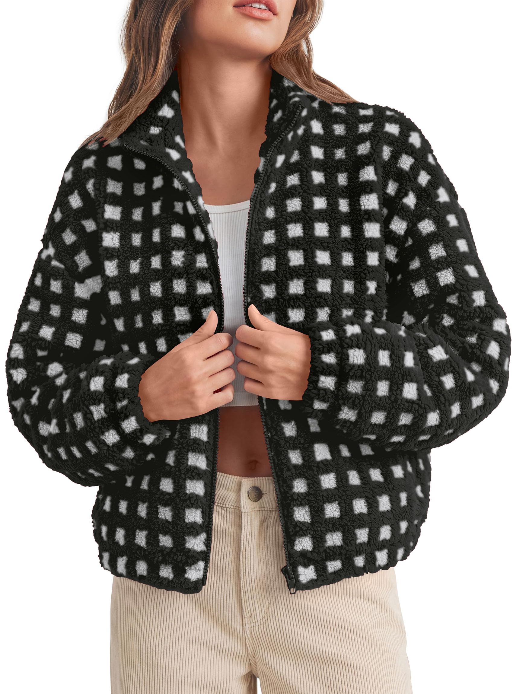 Women's Gingham Sherpa Fleece Jacket Plaid Cropped Teddy Coat