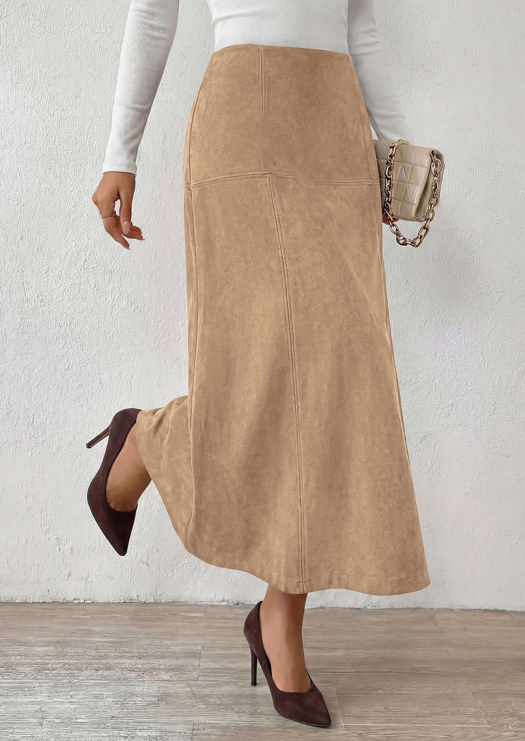 Womens High Waist Faux Suede A Line Midi Skirt,Apricot,S