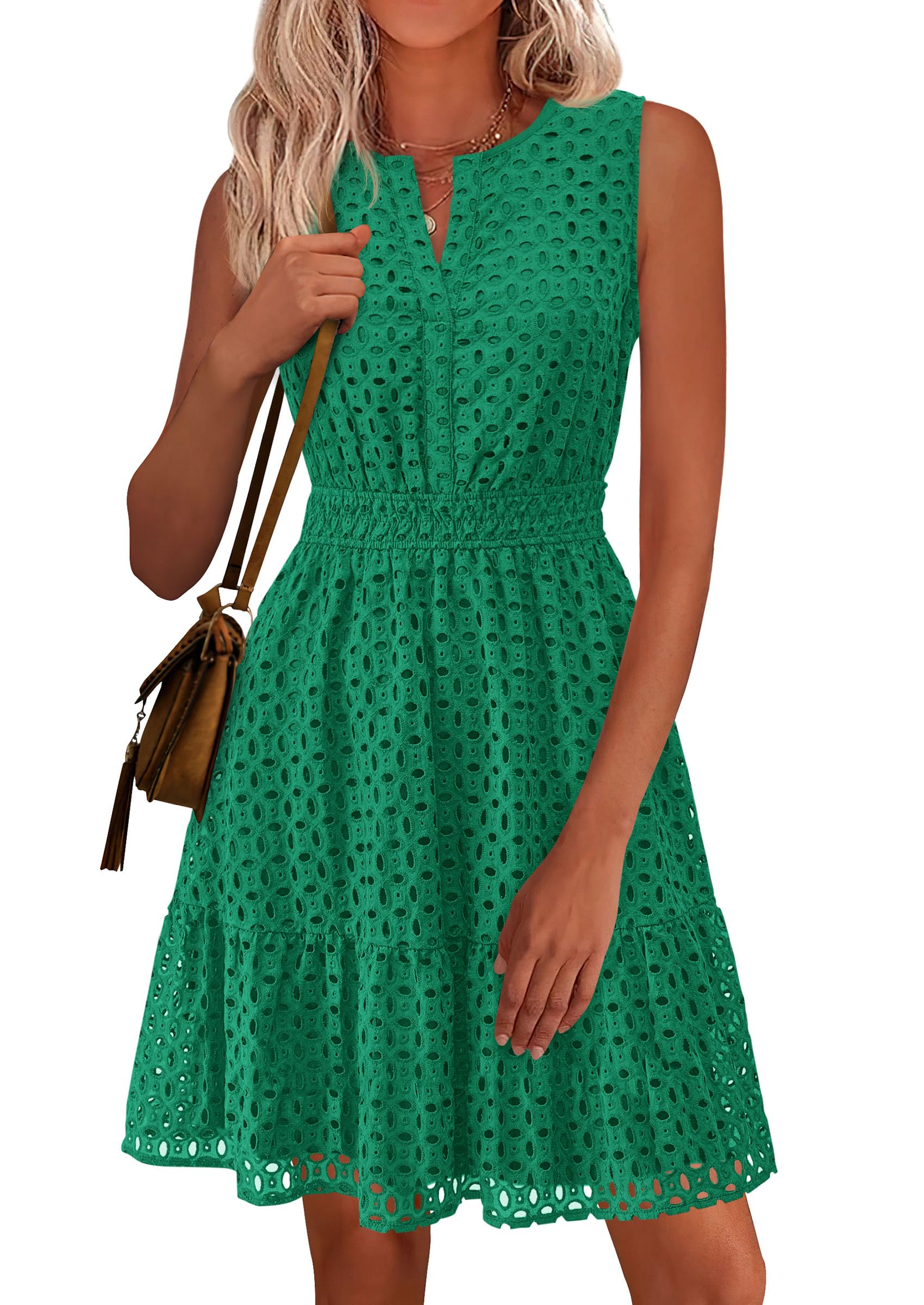 Women's Summer Eyelet A Line Short Dresses,Dark Green,S