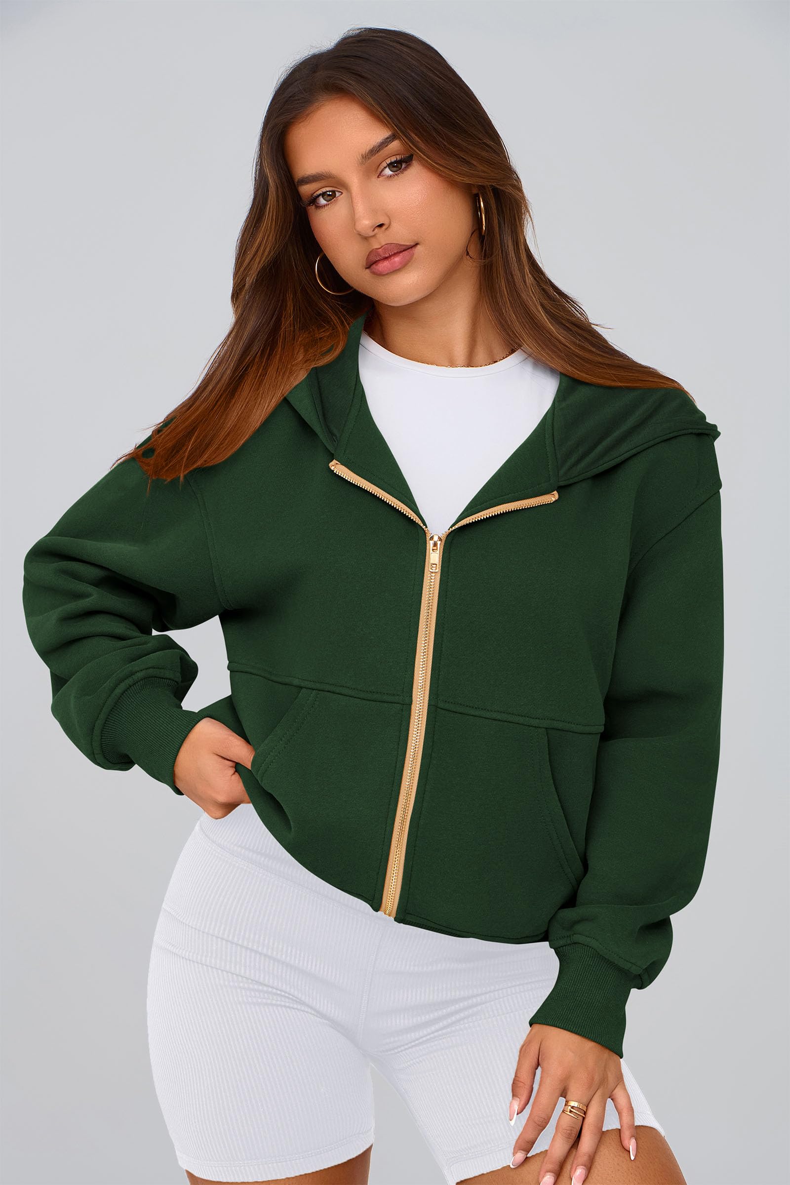Hoodies for Women Fall Fashion Zip Up Fleece Plain Sweatshirt