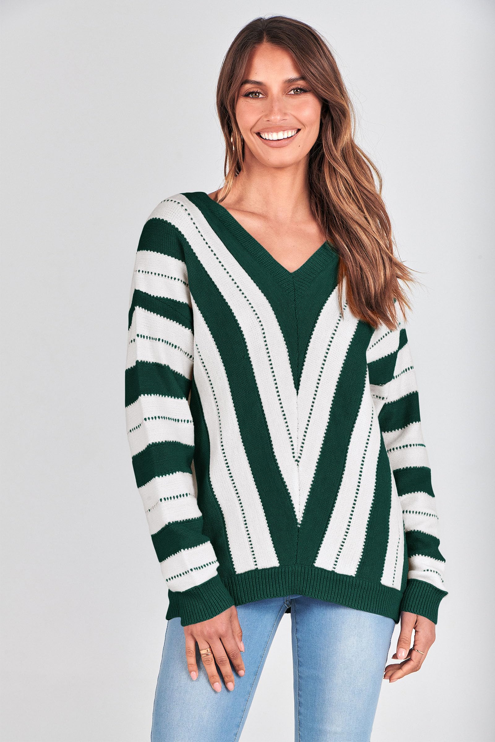 Women's V Neck Striped Knit Pullover Sweater