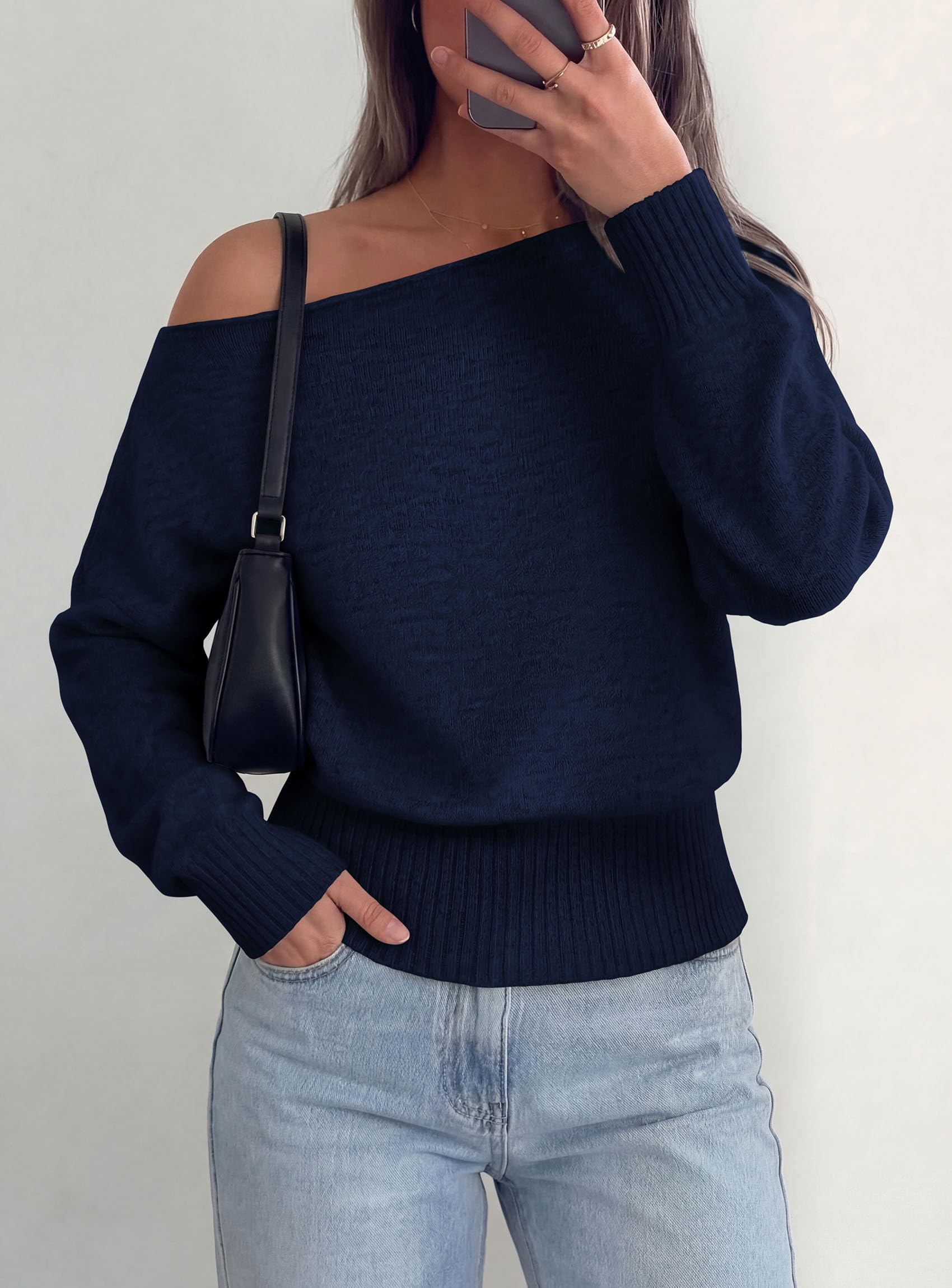 Womens Off The Shoulder Sweater Fall Fashion,Navy Blue,S