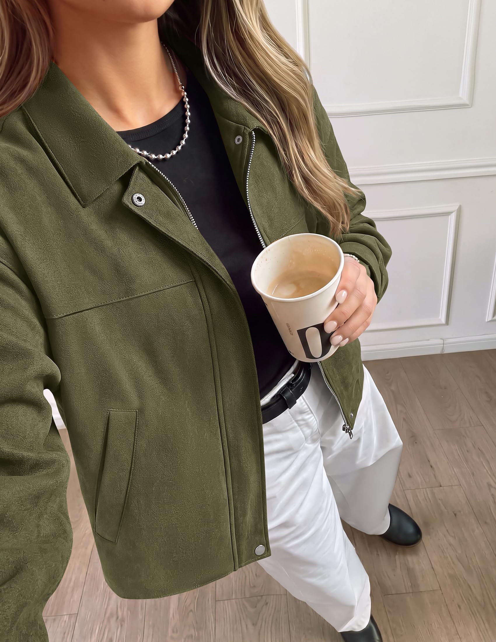 Women's Faux Suede Cropped Fall Jackets,Army Green,M