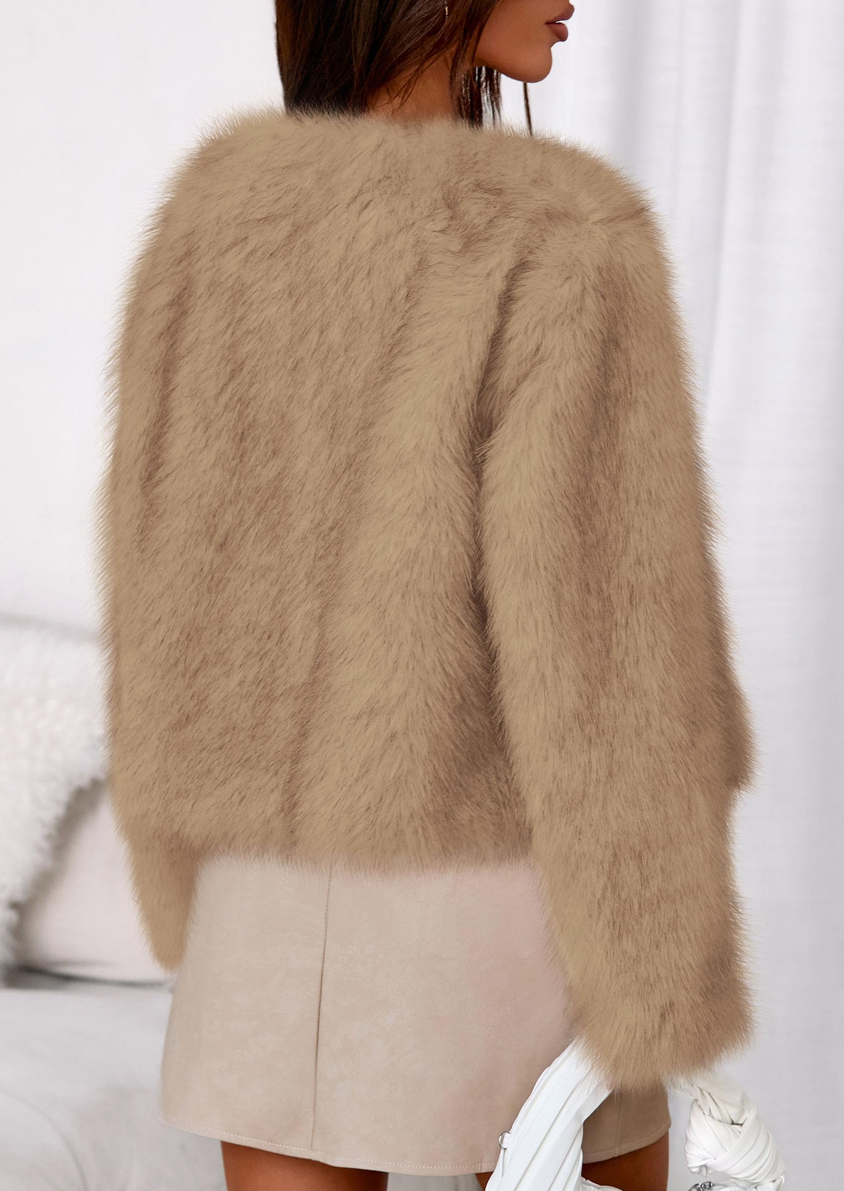 Womens Winter Coats Open Front Faux Fur Jacket,Light Khaki,XXL