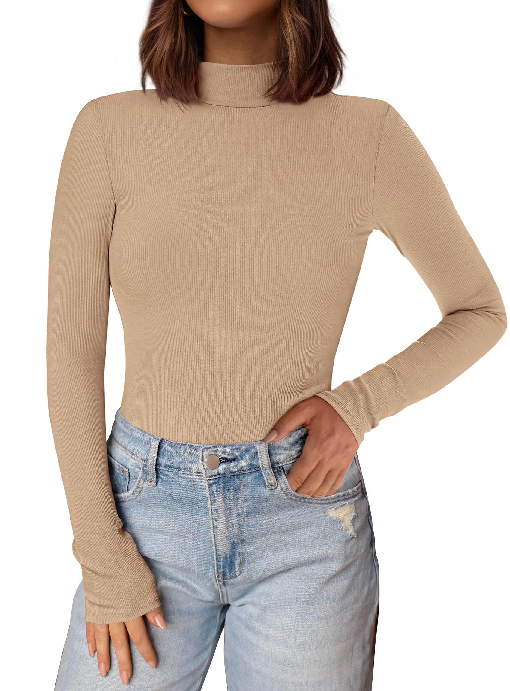 Womens Mock Turtleneck Fall Long Sleeve Shirts,Khaki,XS