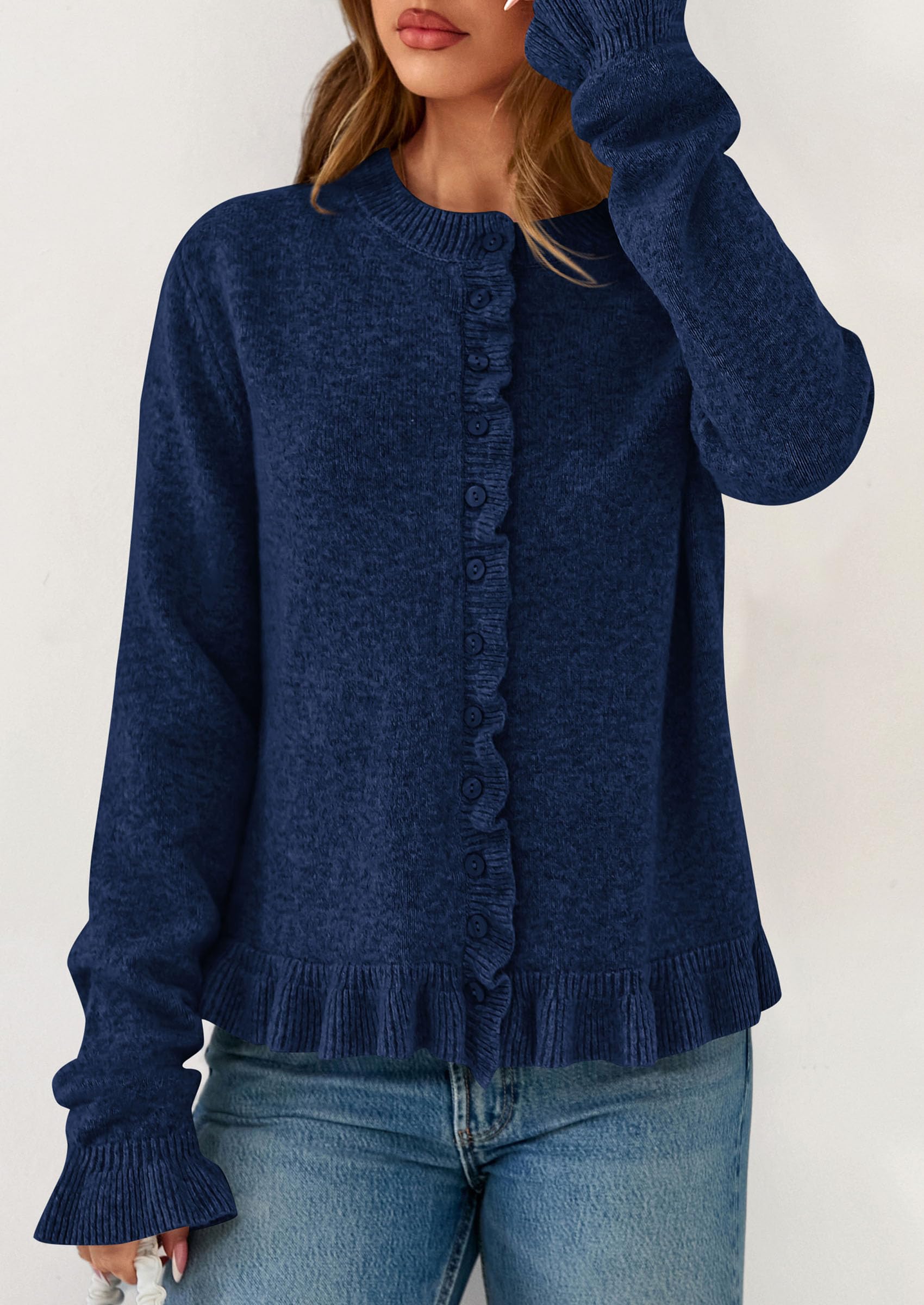 Womens Ruffle Button Down Cardigan Sweaters,Navy Blue,S