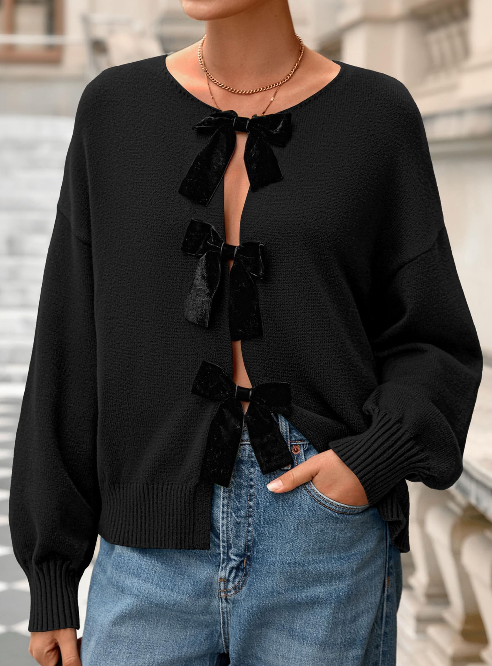 Women's Fall Bow Tie Front Cardigan Sweaters,Black,S