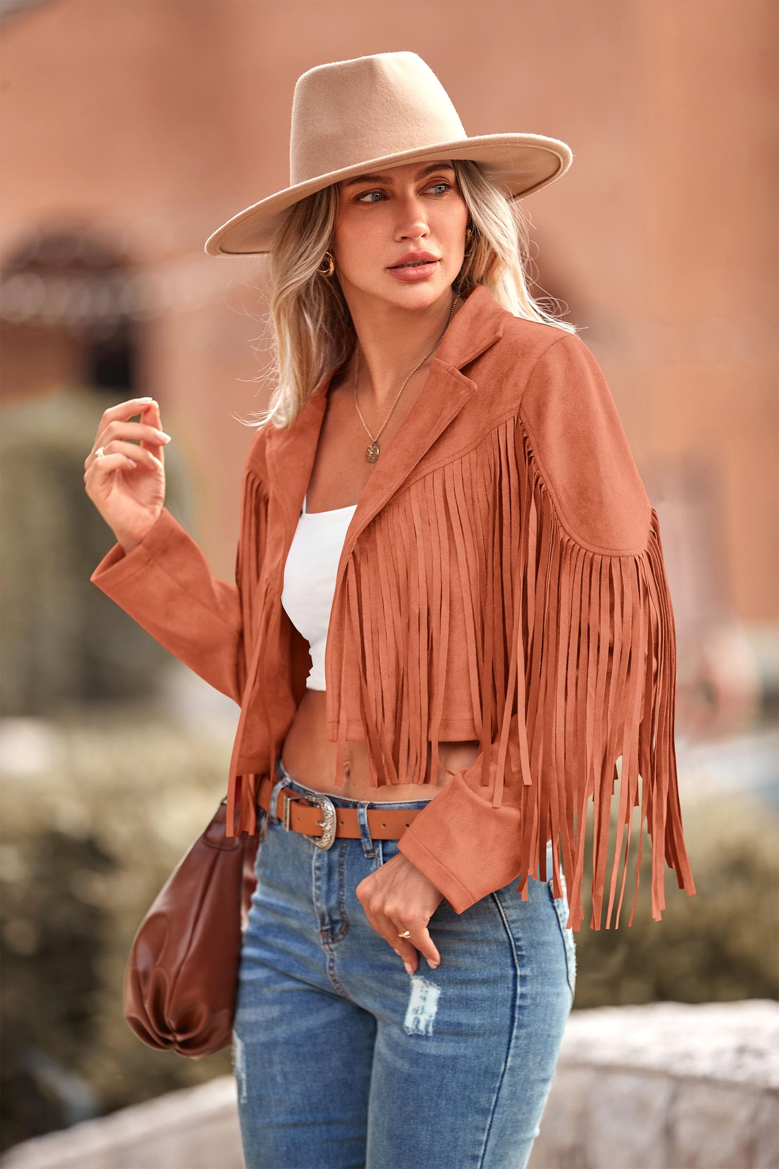 Women's Fringe Faux Suede Leather Jackets,Orange,XL