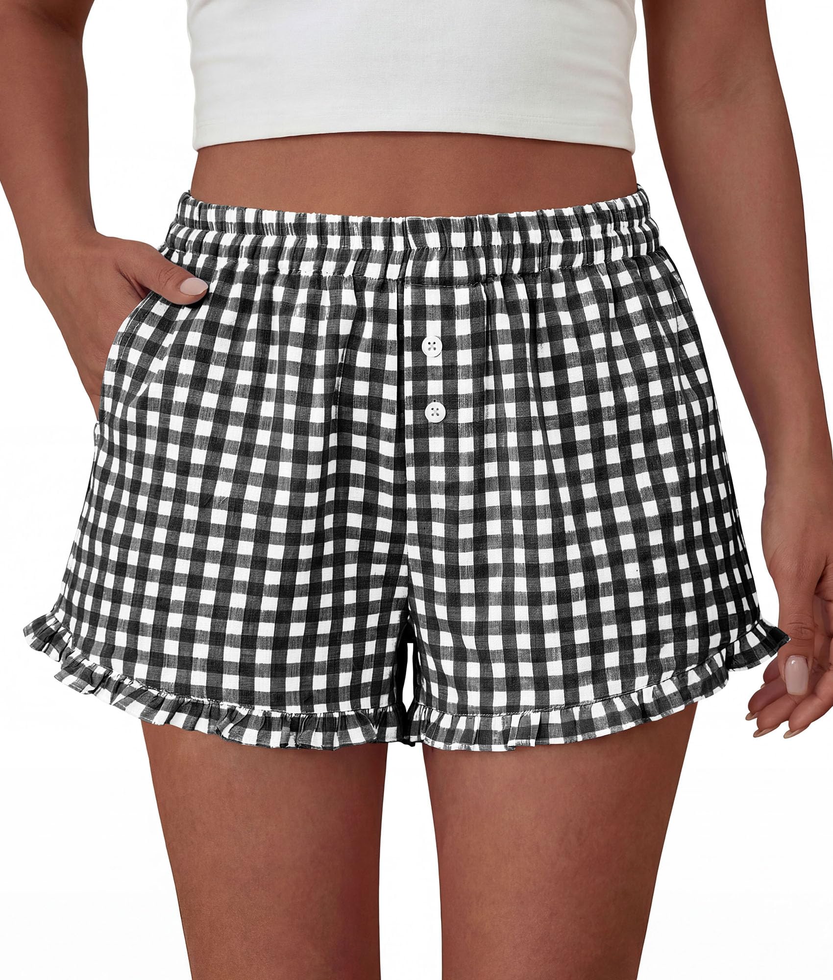 Womens Boxer Shorts Striped Gingham Ruffle Pajama Bottoms