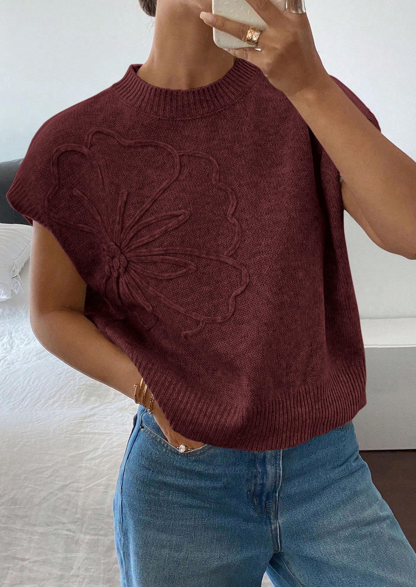 Women's Summer Short Cap Sleeve Sweater Vest (Red Brown,S)