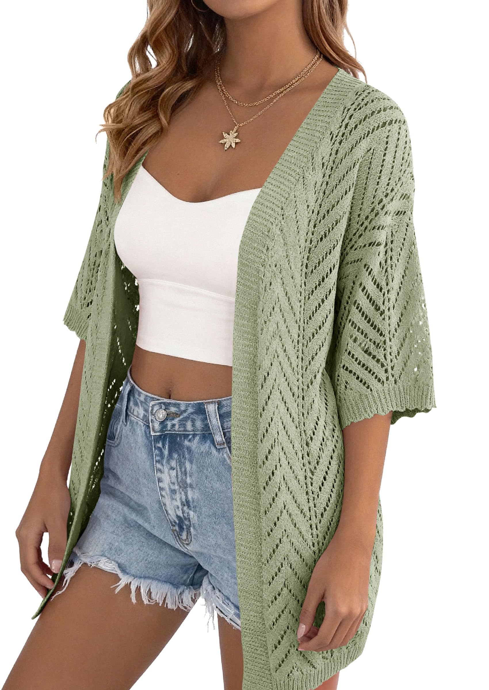 Women Lightweight Summer Short Sleeve Cardigan, Green,S
