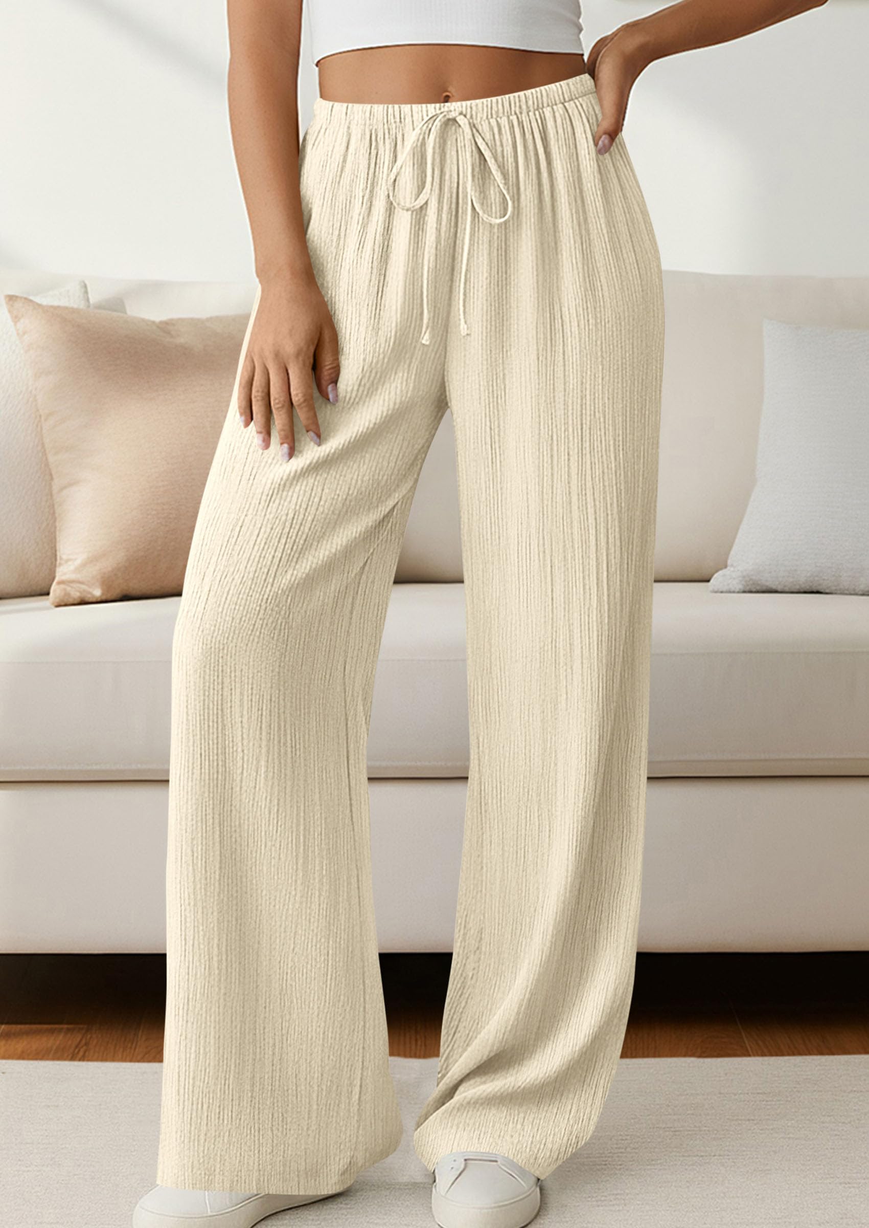 Women's Palazzo Pants Casual Wide Leg Trousers,Beige,S
