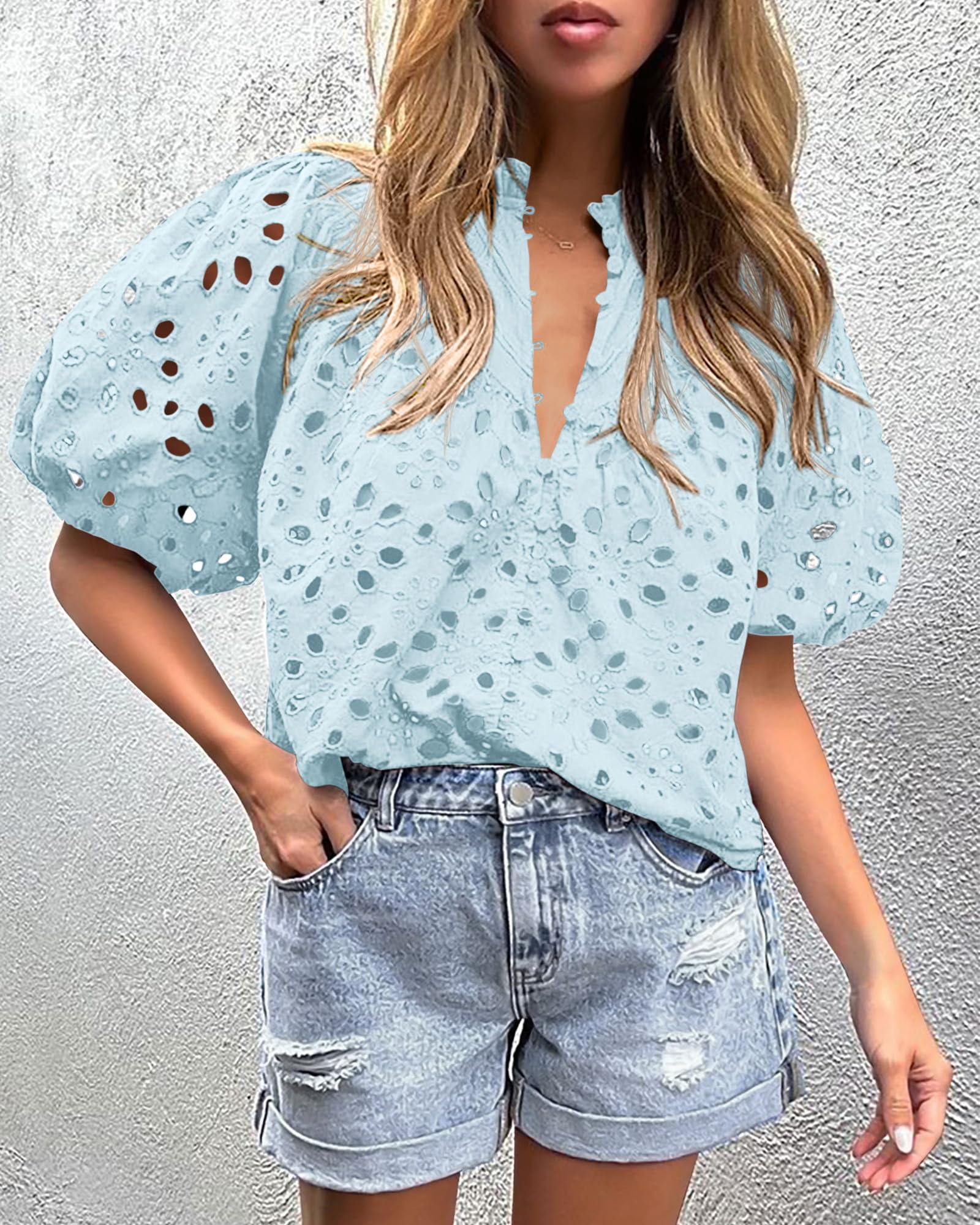 Womens Tops Boho Eyelet Puff Sleeve Blouse, Light Blue,S