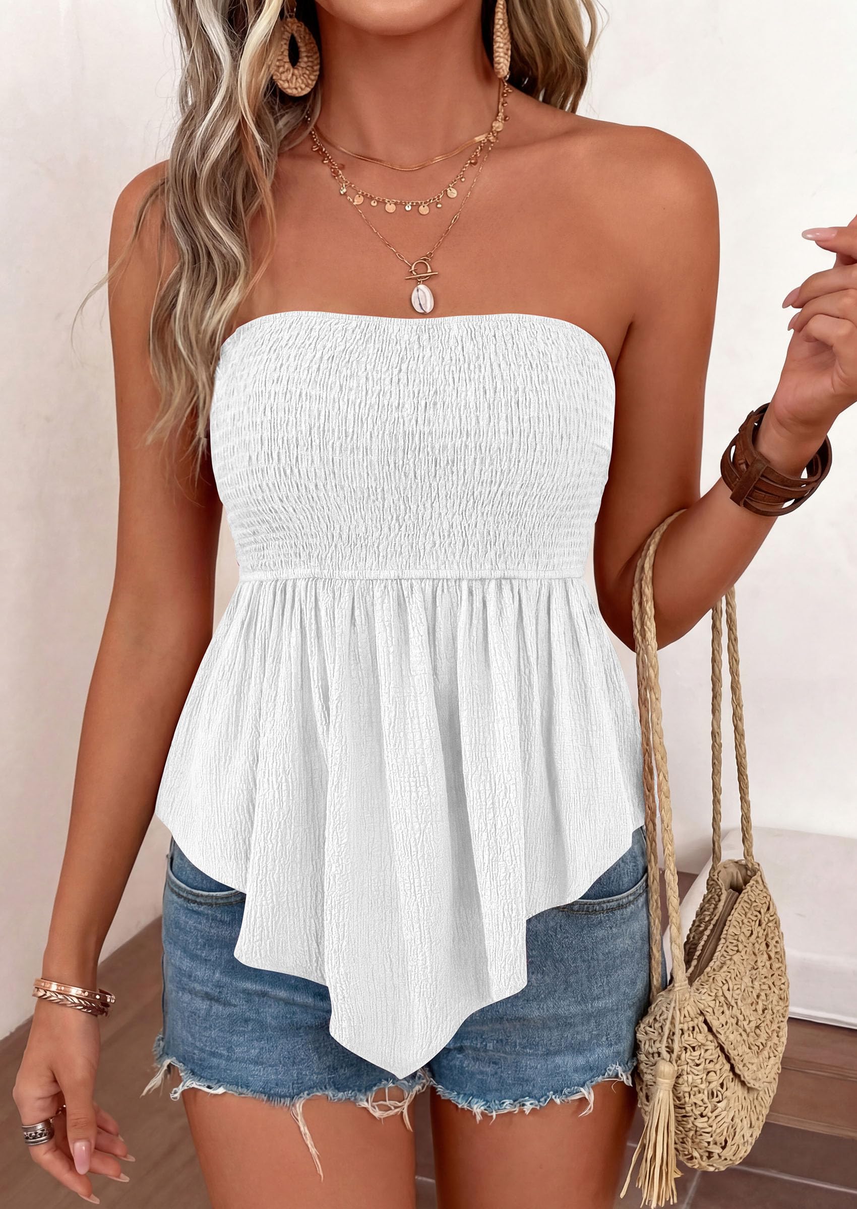 Women's Strapless Smocked Peplum Tube Top, White,S