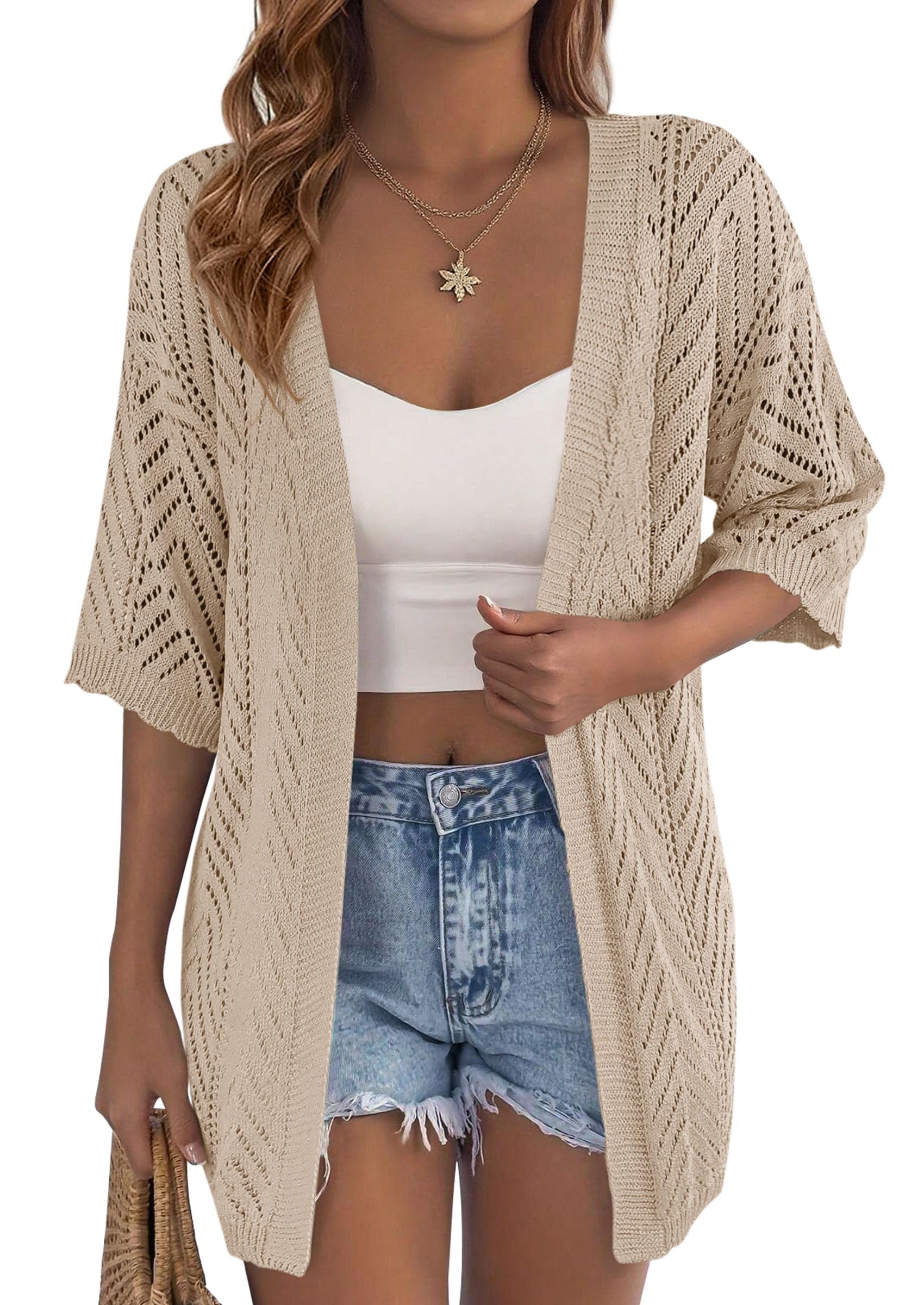 Women Lightweight Summer Short Sleeve Cardigan, Light Khaki,S