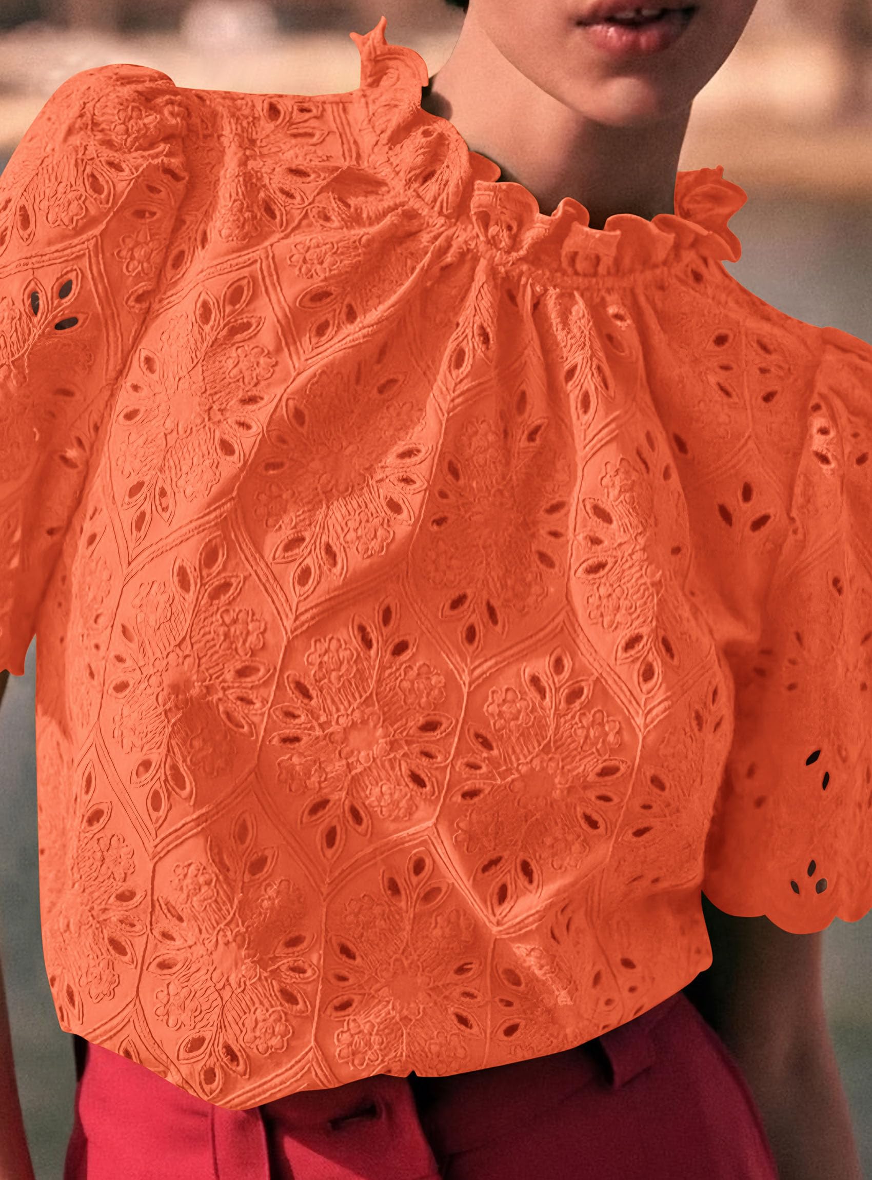 Women Summer Tops Eyelet Embroidered Shirts,Orange,XS