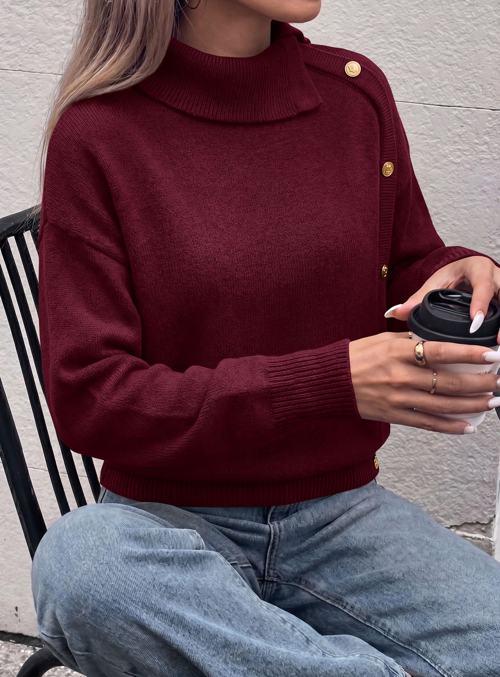 Womens Turtleneck Sweater Pullover Side Button Fall Clothes