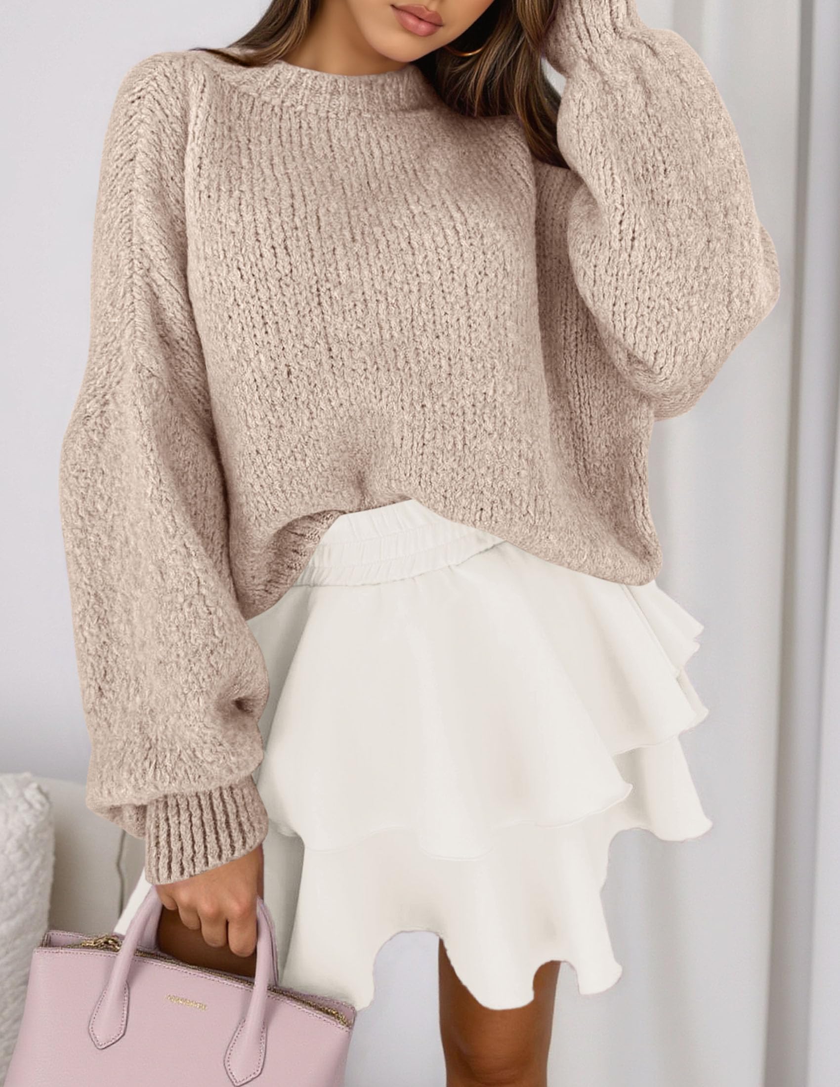 Women's Chunky Knit Oversized Pullover Sweaters,BeigeS
