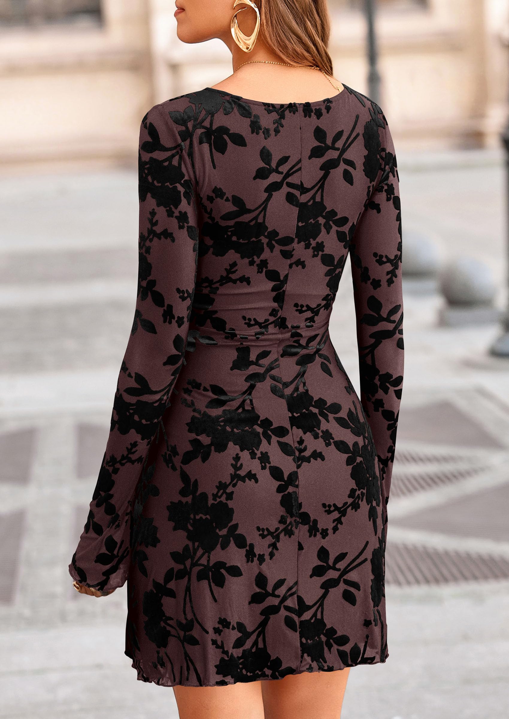 Women's Fall Floral Long Sleeve Mini Dress (Brown Black,XS)