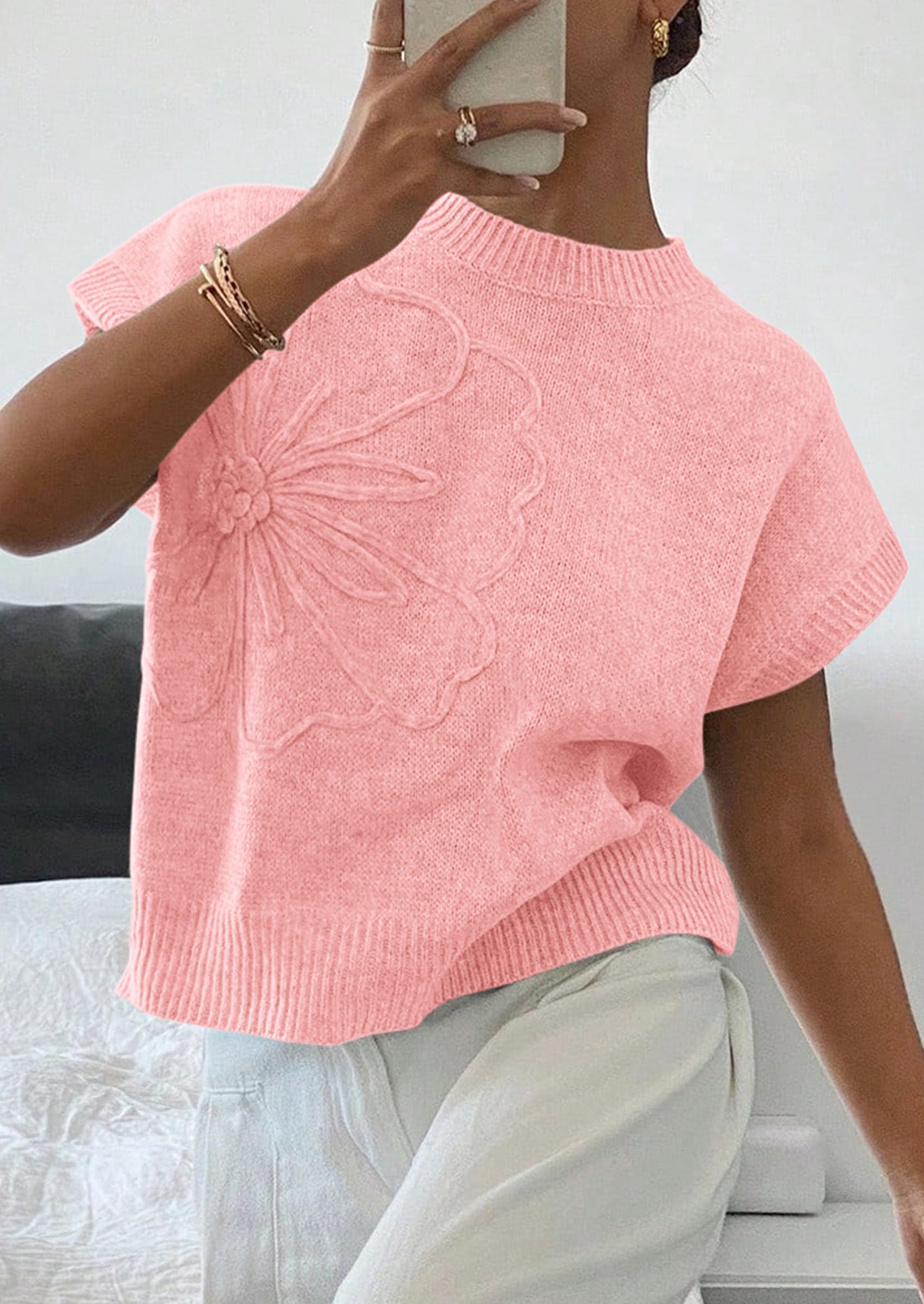 Women's Summer Short Cap Sleeve Sweater Vest (Pink,S)