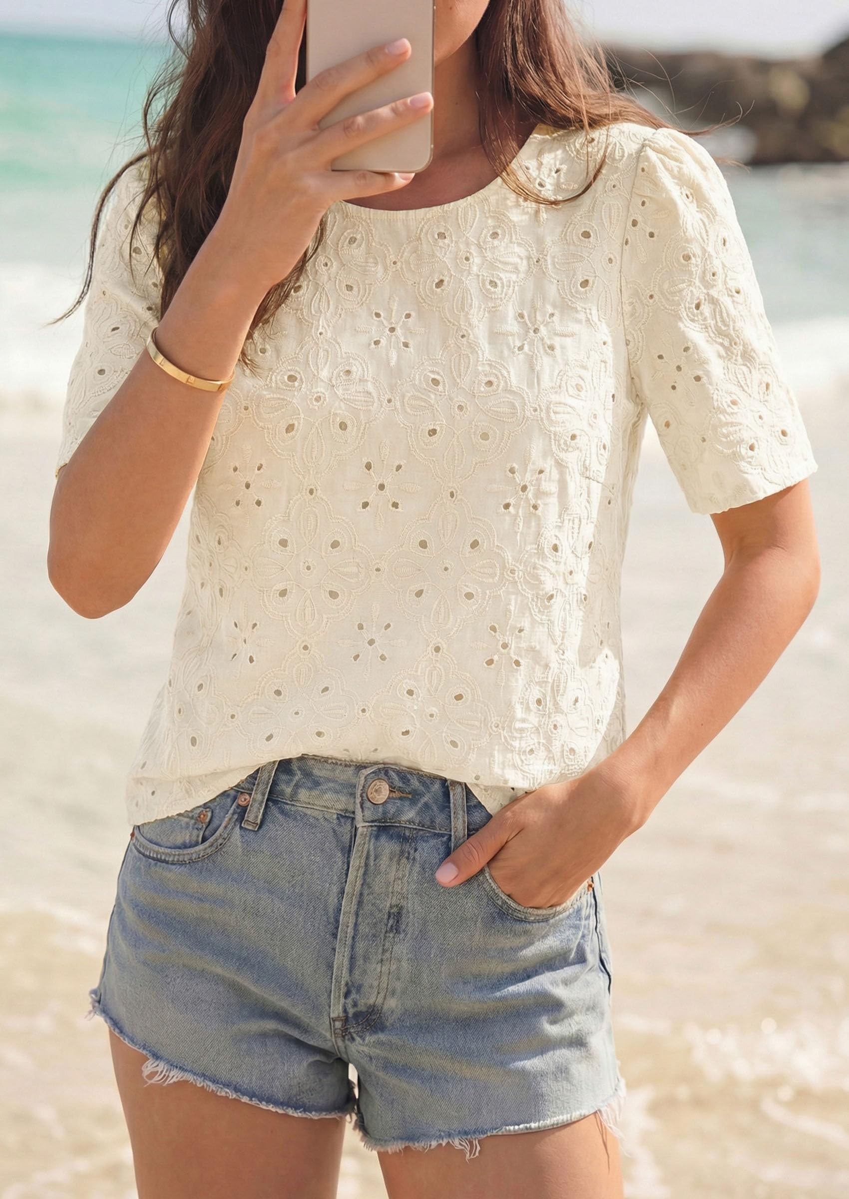 Women's Embroidered Eyelet Short Sleeve Blouse, Apricot,XS