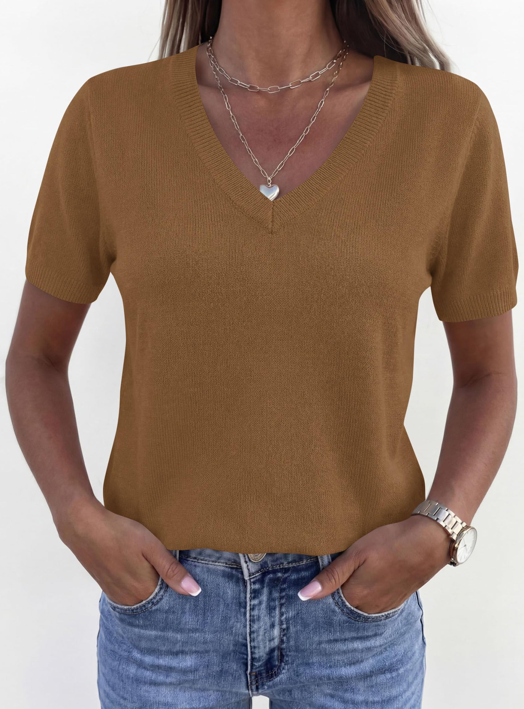 Womens Short Sleeve Sweater V Neck Tops,Khaki,S
