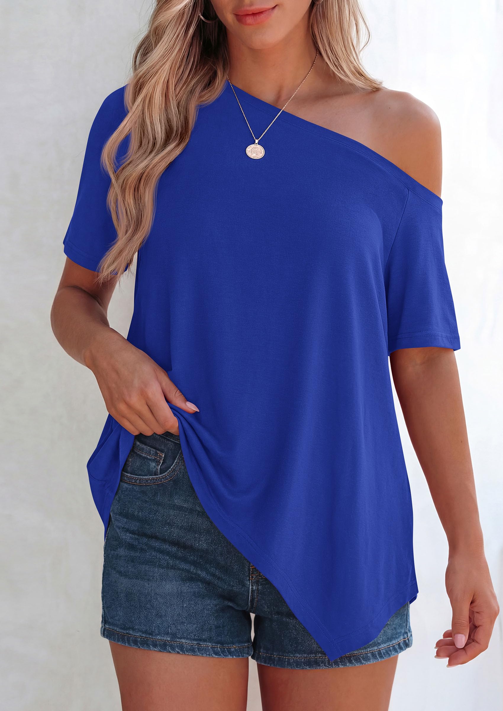 Off Shoulder Tops for Women Oversized Tshirts, Royal Blue,S