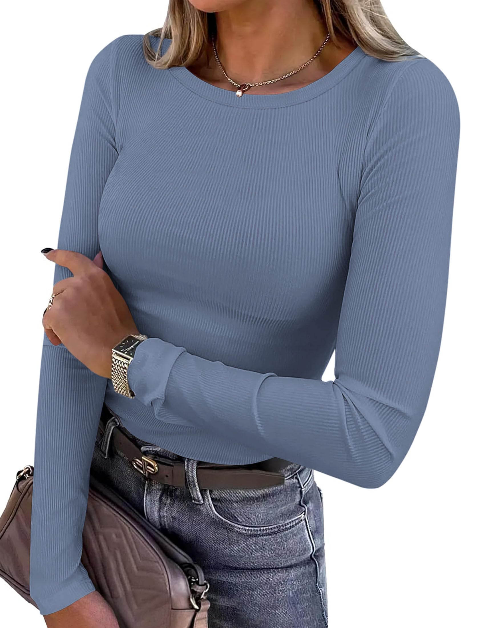 Women's Fall Long Sleeve Shirts Basic Tees Light Dusty Blue,XS