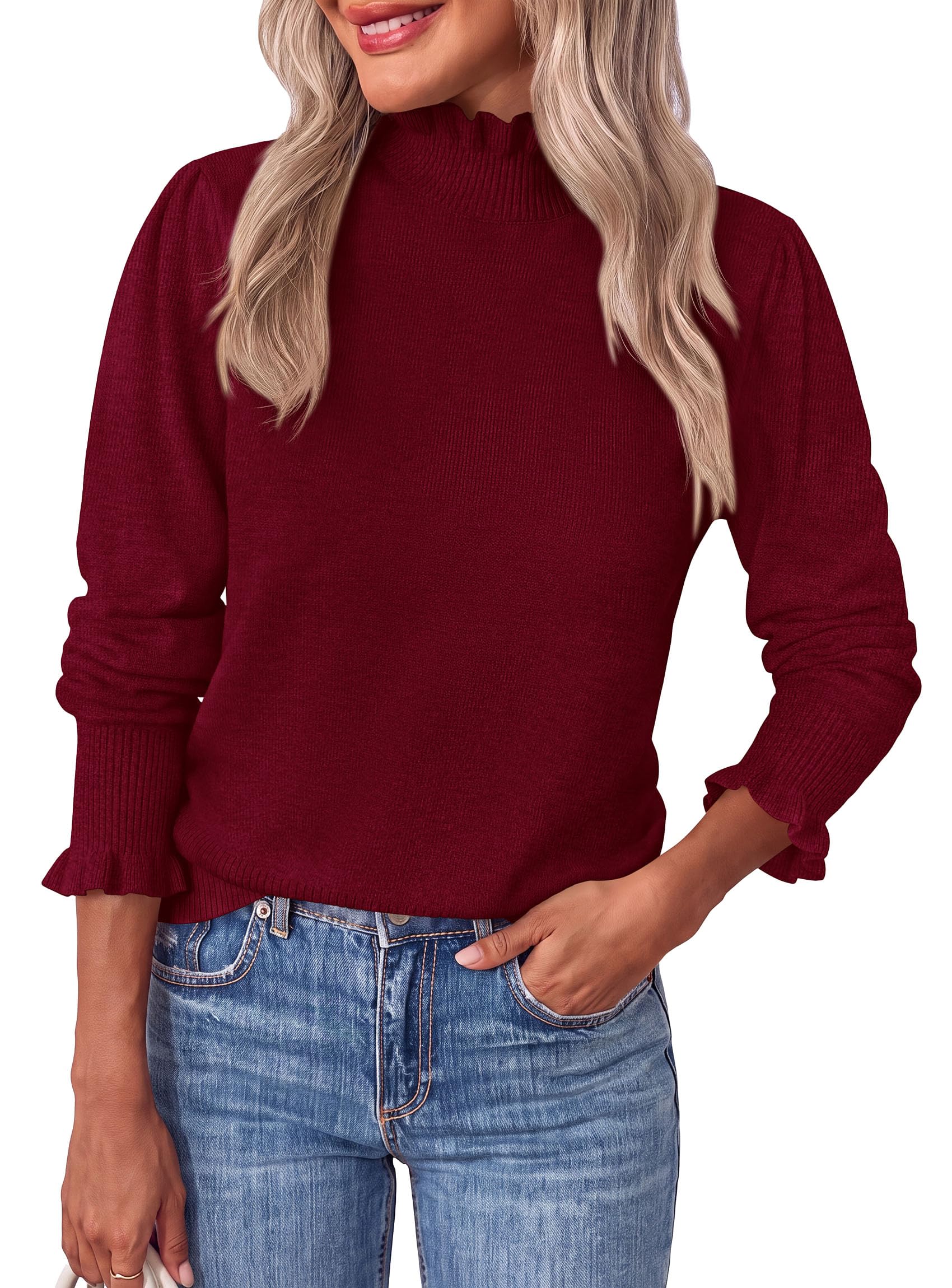 Women's Fall Cozy Sweaters Trendy Ruffle Mock Neck Pullover