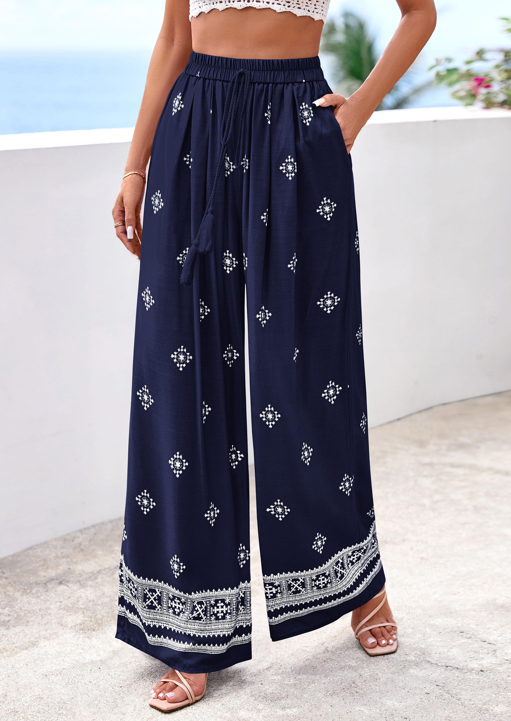 Wide Leg Flowy Boho Pants for Women, Navy Blue,S
