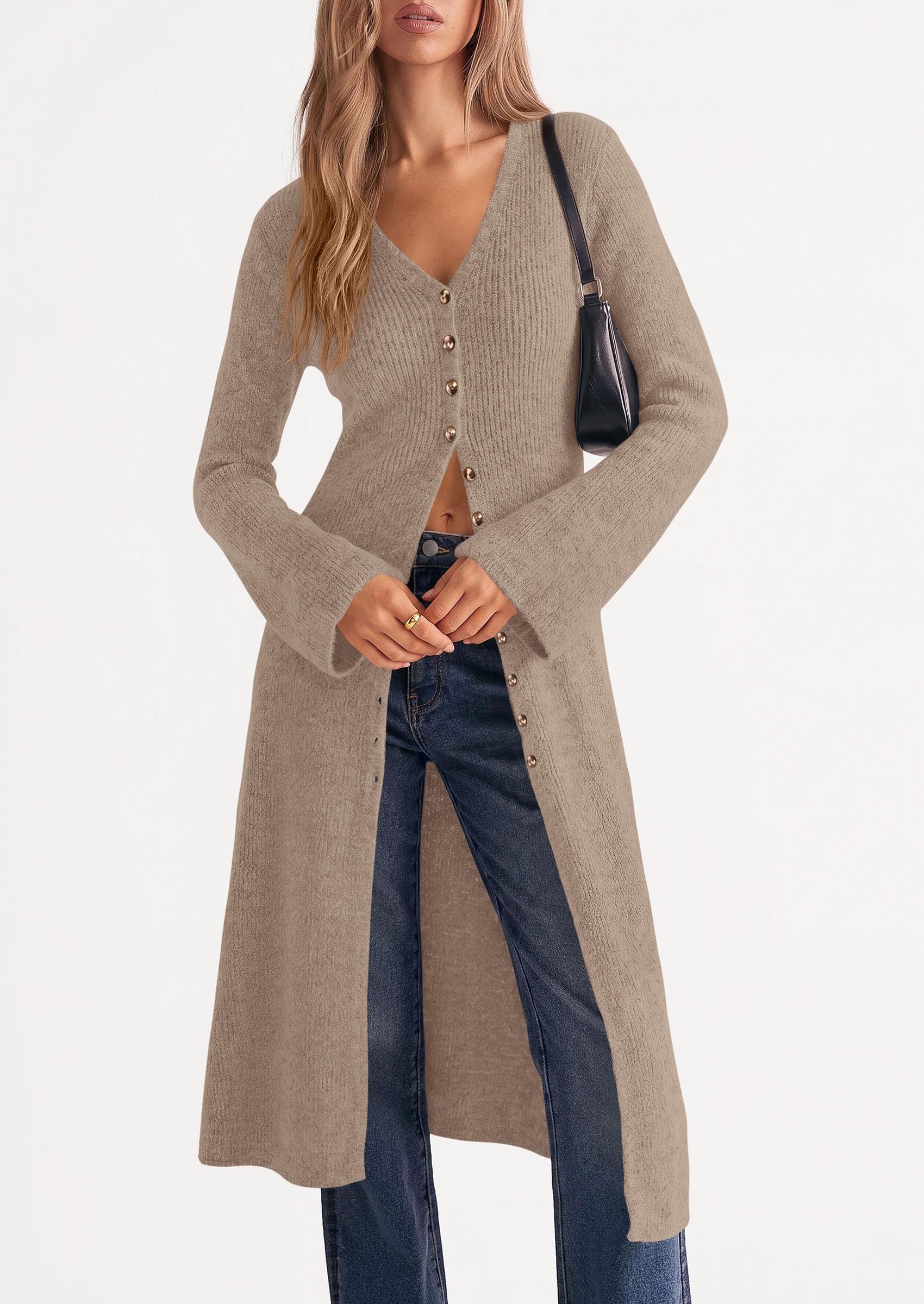 Women Long Cardigan Bell Sleeve Sweater Dress (Khaki,M)