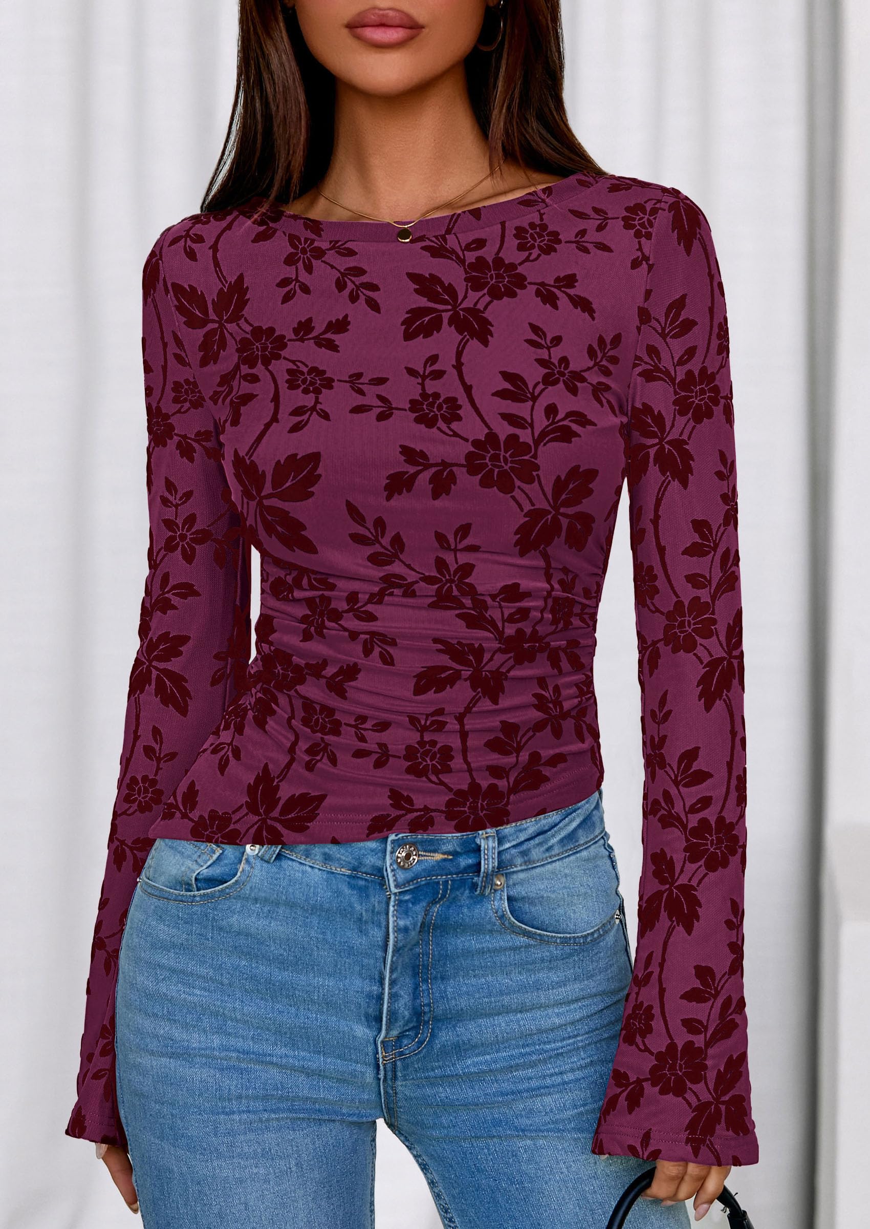 Women's Long Bell Sleeve Y2K Tops Boho Floral Mesh Blouses