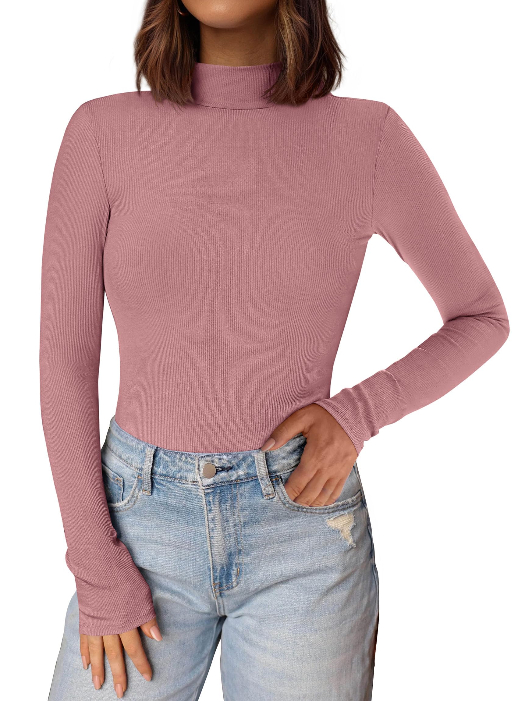 Womens Mock Turtleneck Fall Long Sleeve Shirts,Grey Pink,XS
