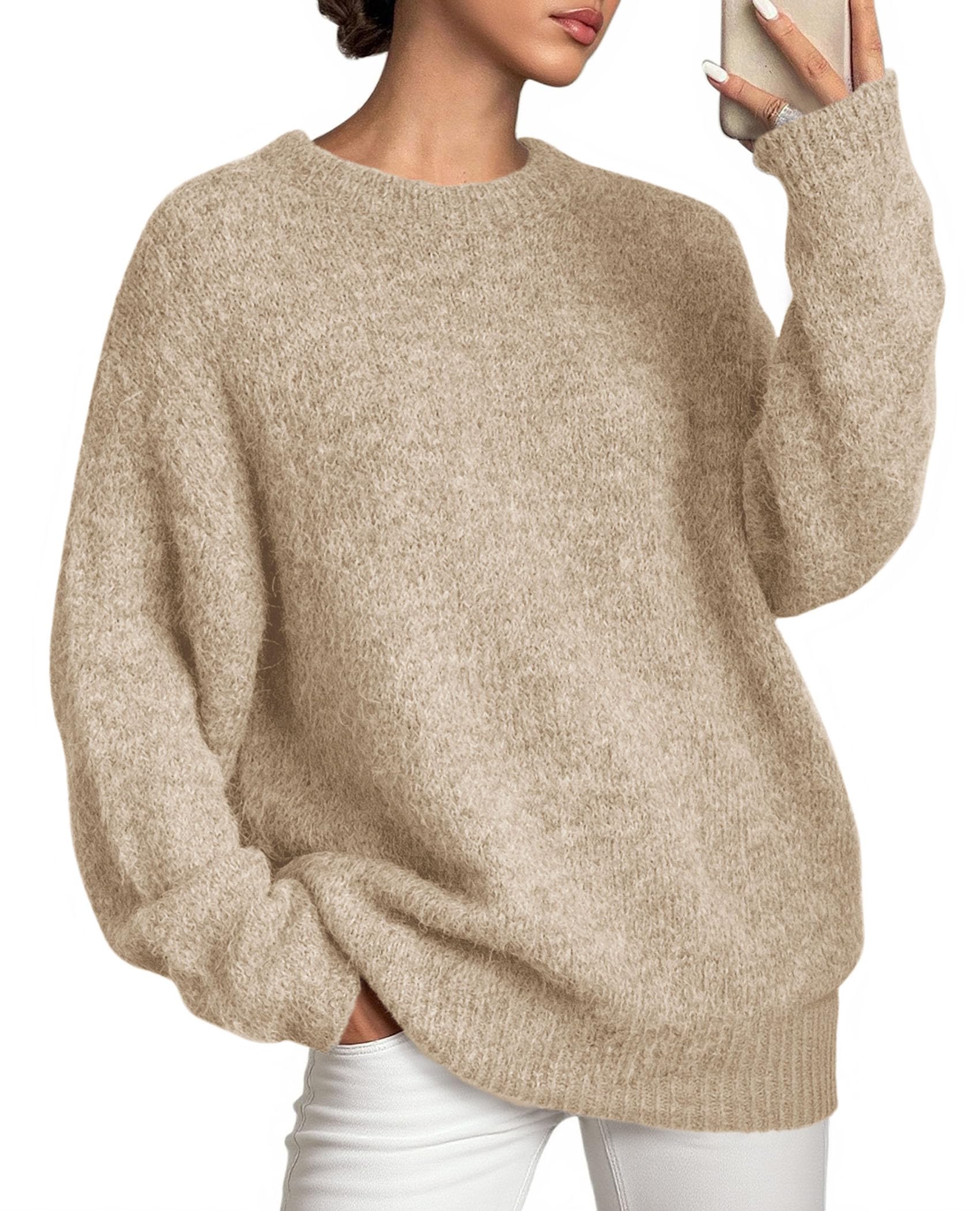 Womens Long Sleeve Oversized Pullover Sweater,Apricot,S