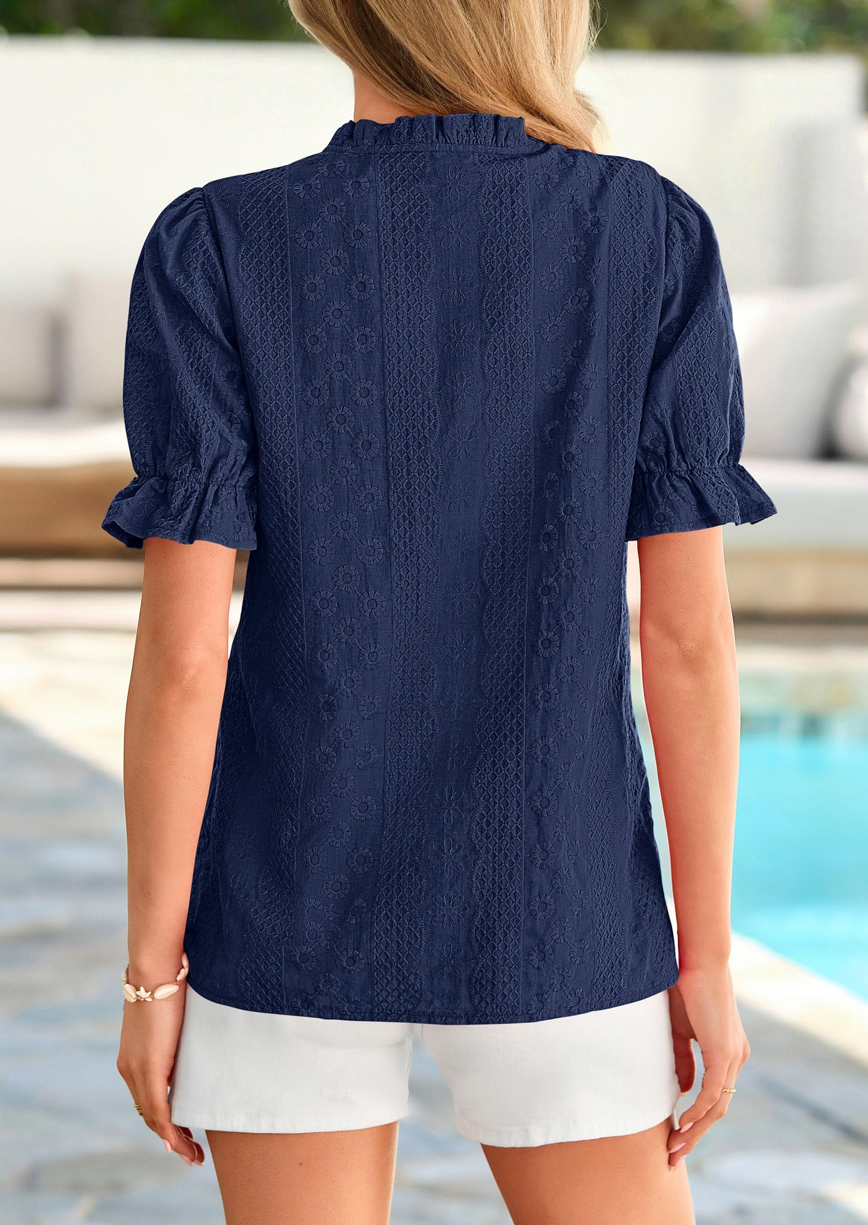 Womens Embroidered Puff Short Sleeve Tops,Navy,S