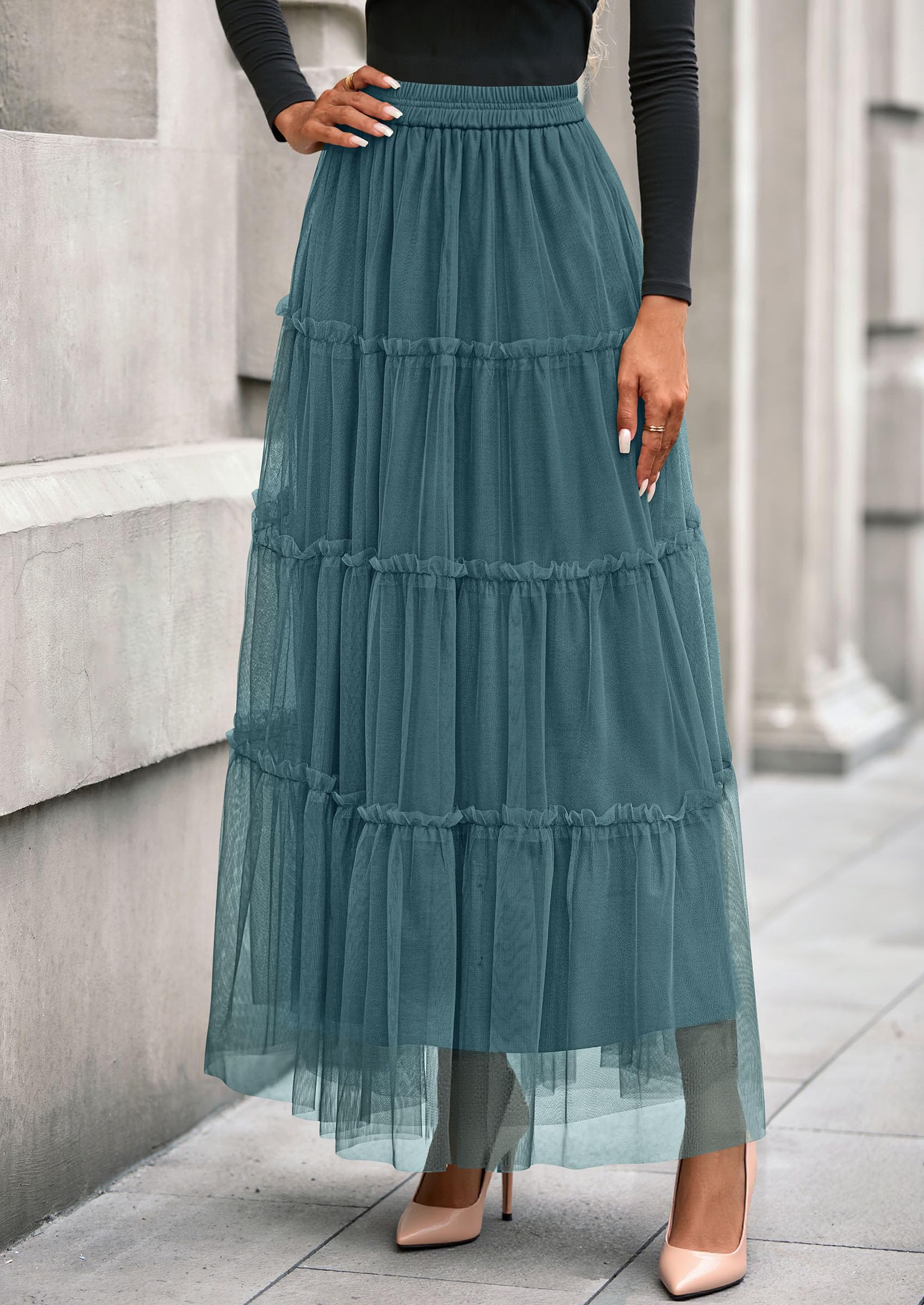 Women's Fall Soft Tulle Tiered Long Skirt,Sage Green,M